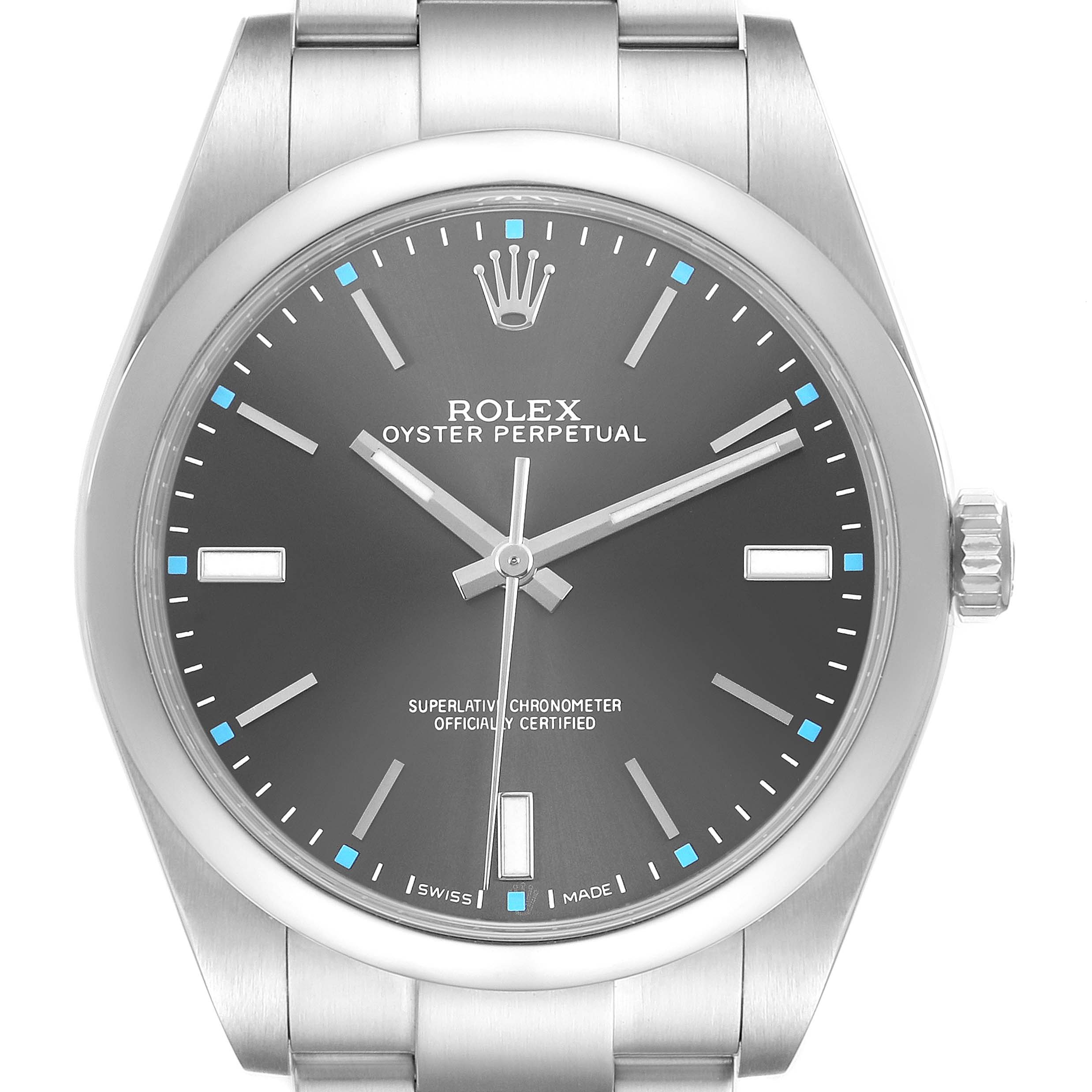 The Rolex Oyster Perpetual 114300 Men's Stainless Steel Grey Dial watch is shown from a front angle, highlighting the dial, crown, and a portion of the bracelet.