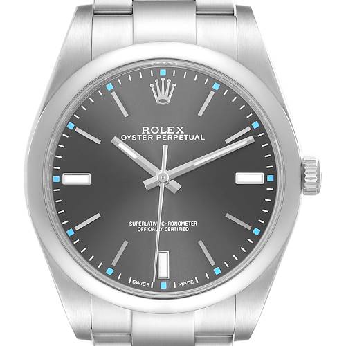 The Rolex Oyster Perpetual 114300 Men's Stainless Steel Grey Dial watch is shown from the front, displaying the dial, markers, hands, and part of the bracelet.