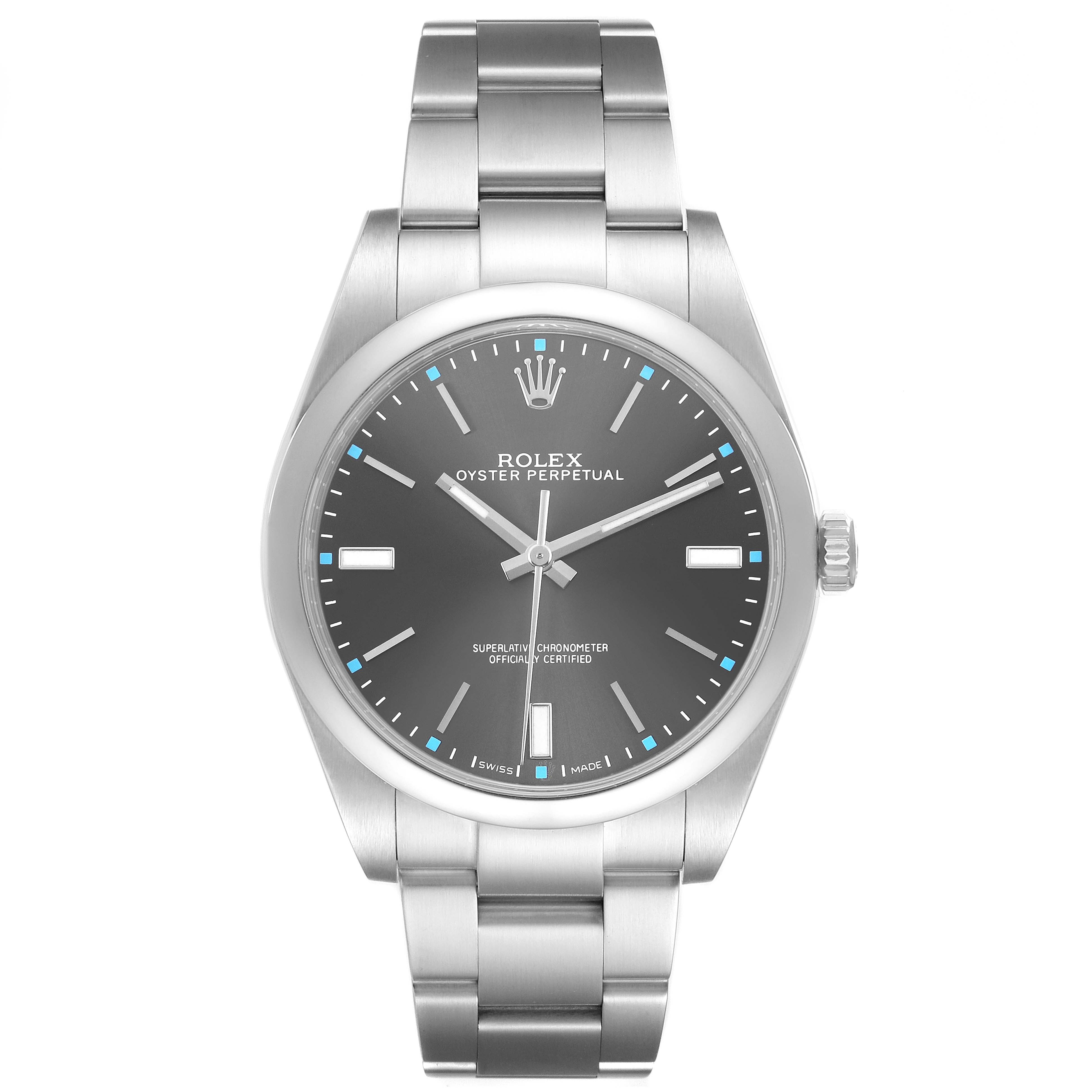The Rolex Oyster Perpetual 114300 Men's Stainless Steel Grey Dial watch is shown from a front angle, displaying the full face, bezel, and bracelet.