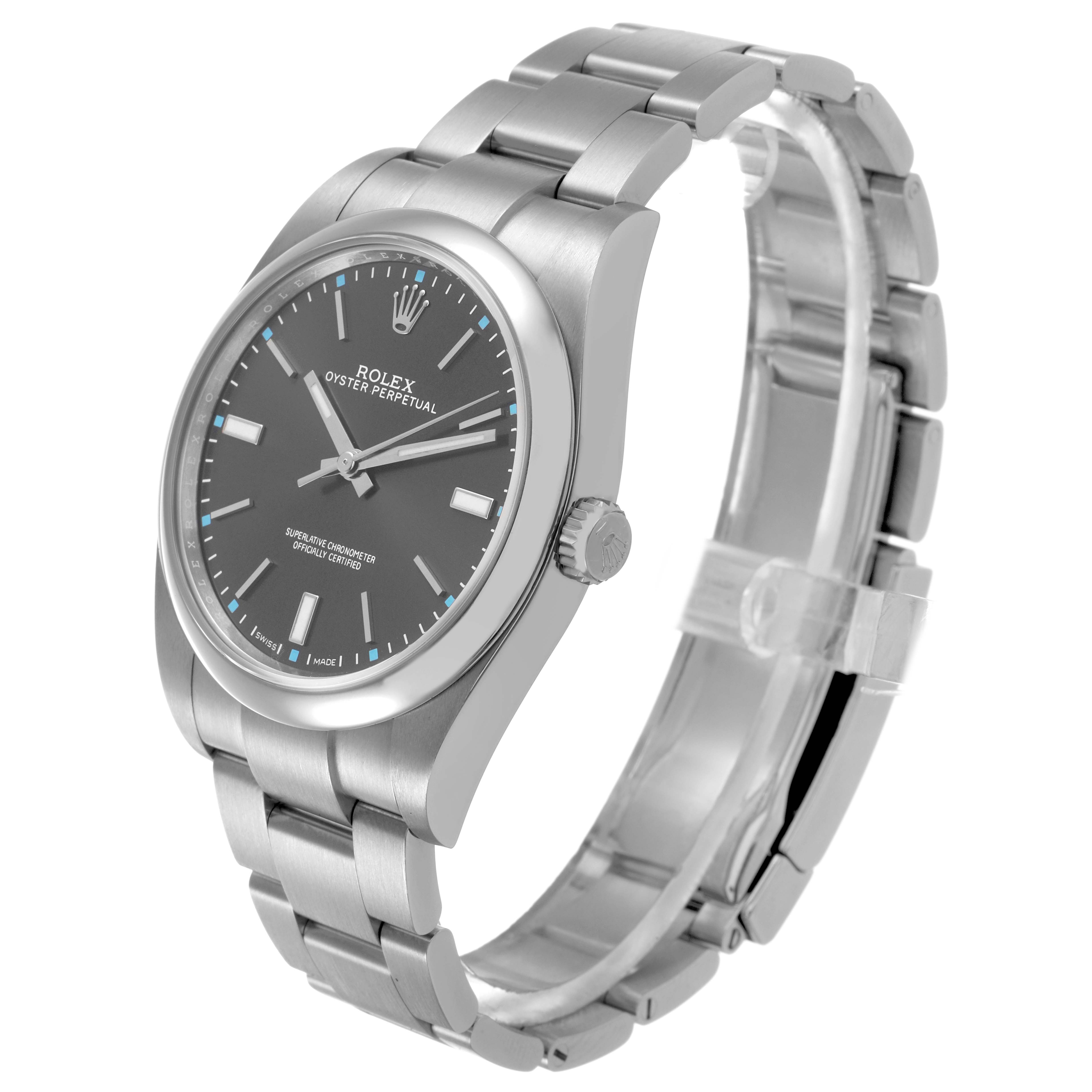 The Rolex Oyster Perpetual 114300 Men's Stainless Steel Grey Dial watch is shown at a slight angle, displaying the dial, case, crown, and full bracelet.