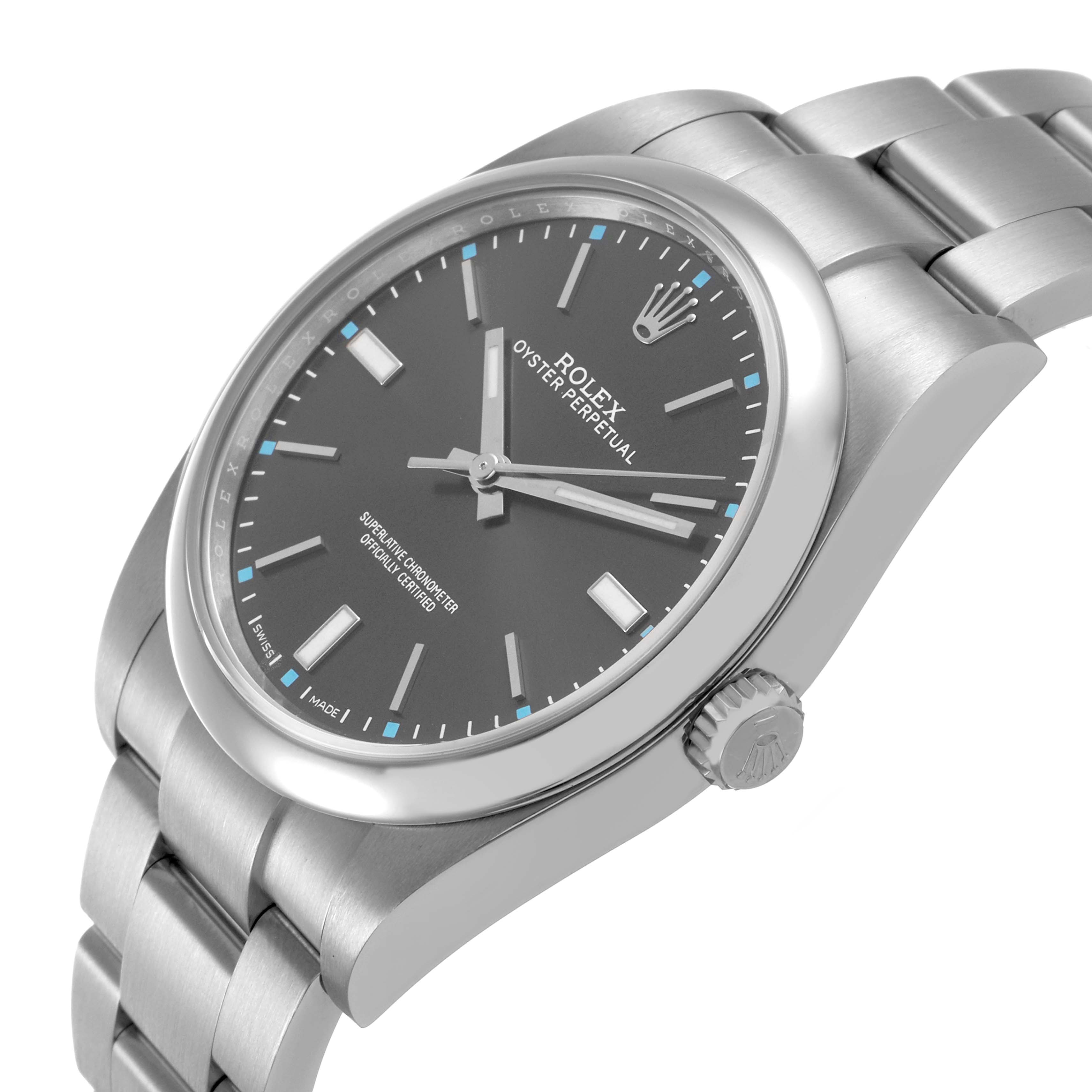 The image shows a Rolex Oyster Perpetual 114300 Men's Stainless Steel Grey Dial watch at a slight angle, highlighting the dial, bezel, crown, and bracelet.