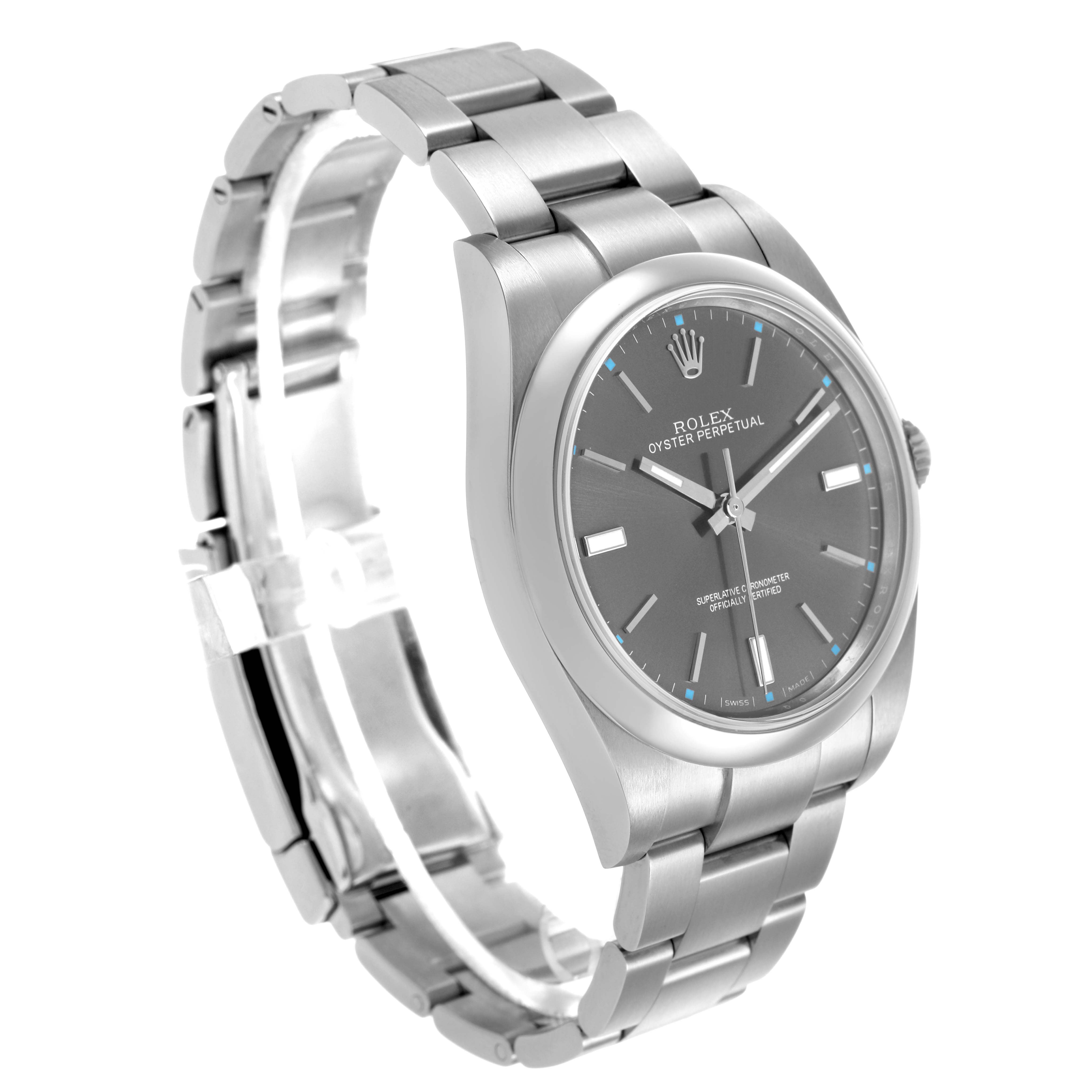 The Rolex Oyster Perpetual 114300 Men's Stainless Steel Grey Dial watch is shown at a three-quarter angle, highlighting the case, bracelet, and dial.