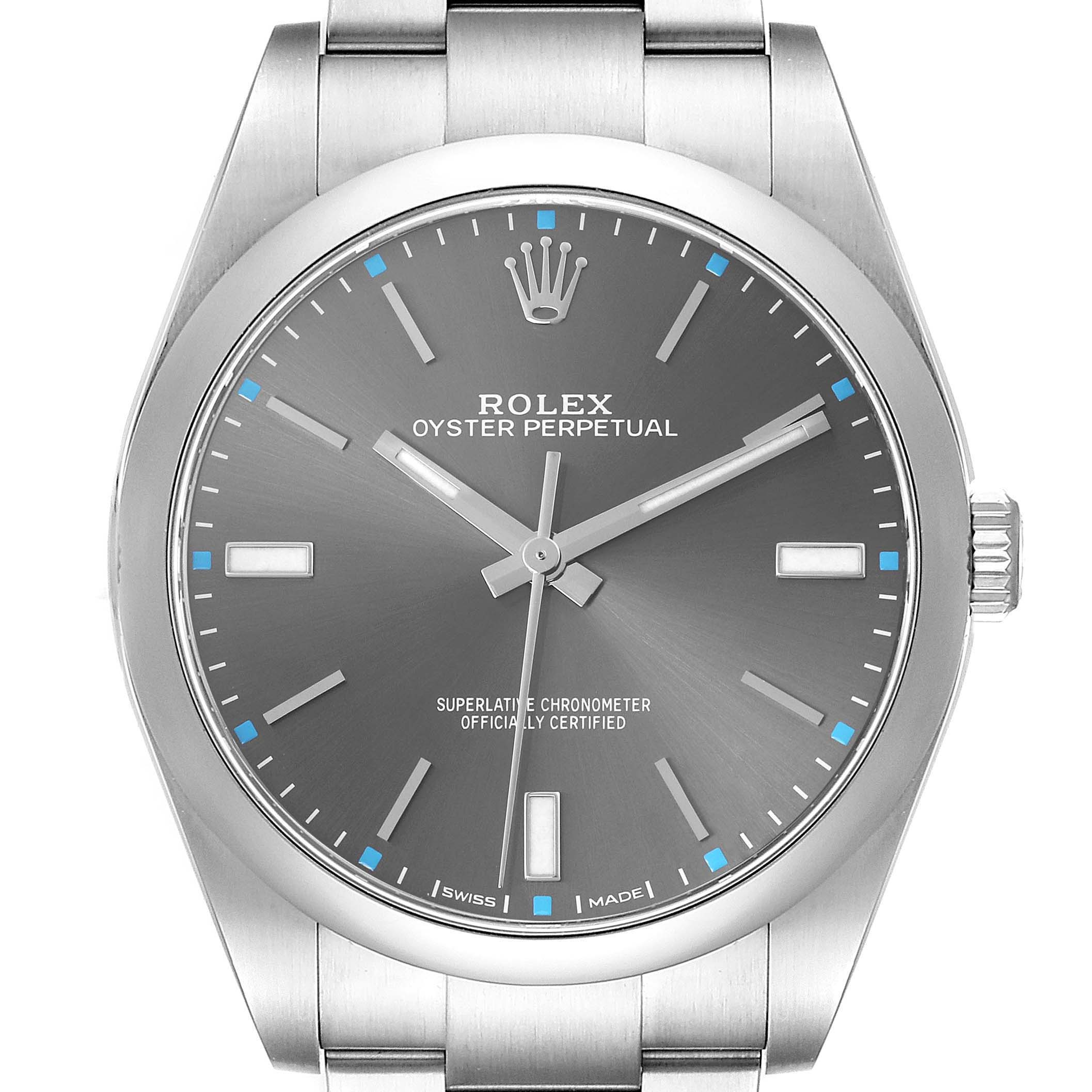 The image shows a front view of a Rolex Oyster Perpetual 114300 Men's Stainless Steel Grey Dial watch, highlighting its face, hands, and bracelet.