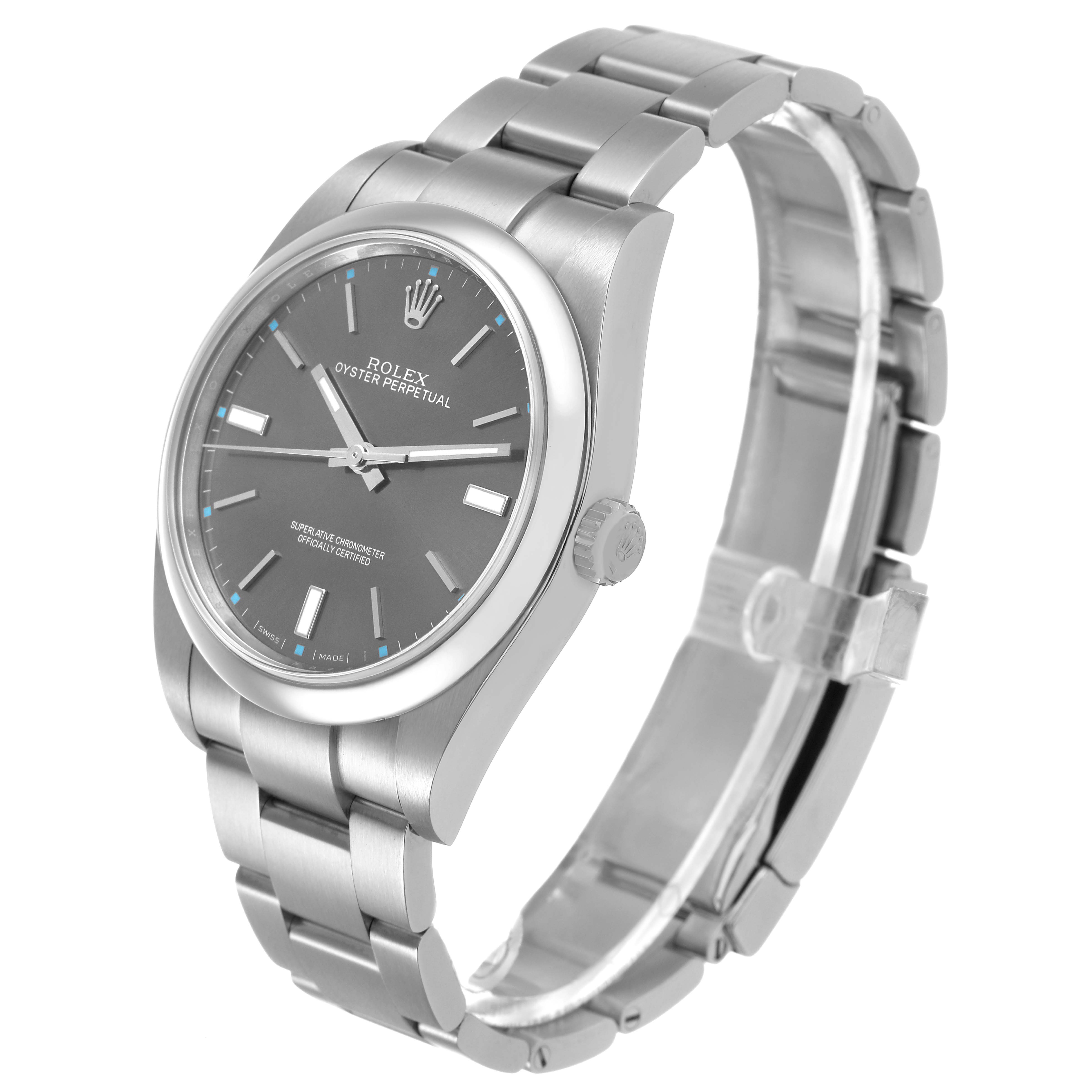 The Rolex Oyster Perpetual 114300 Men's Stainless Steel Grey Dial watch is shown at a three-quarter angle, displaying the side profile, bracelet, dial, and crown.