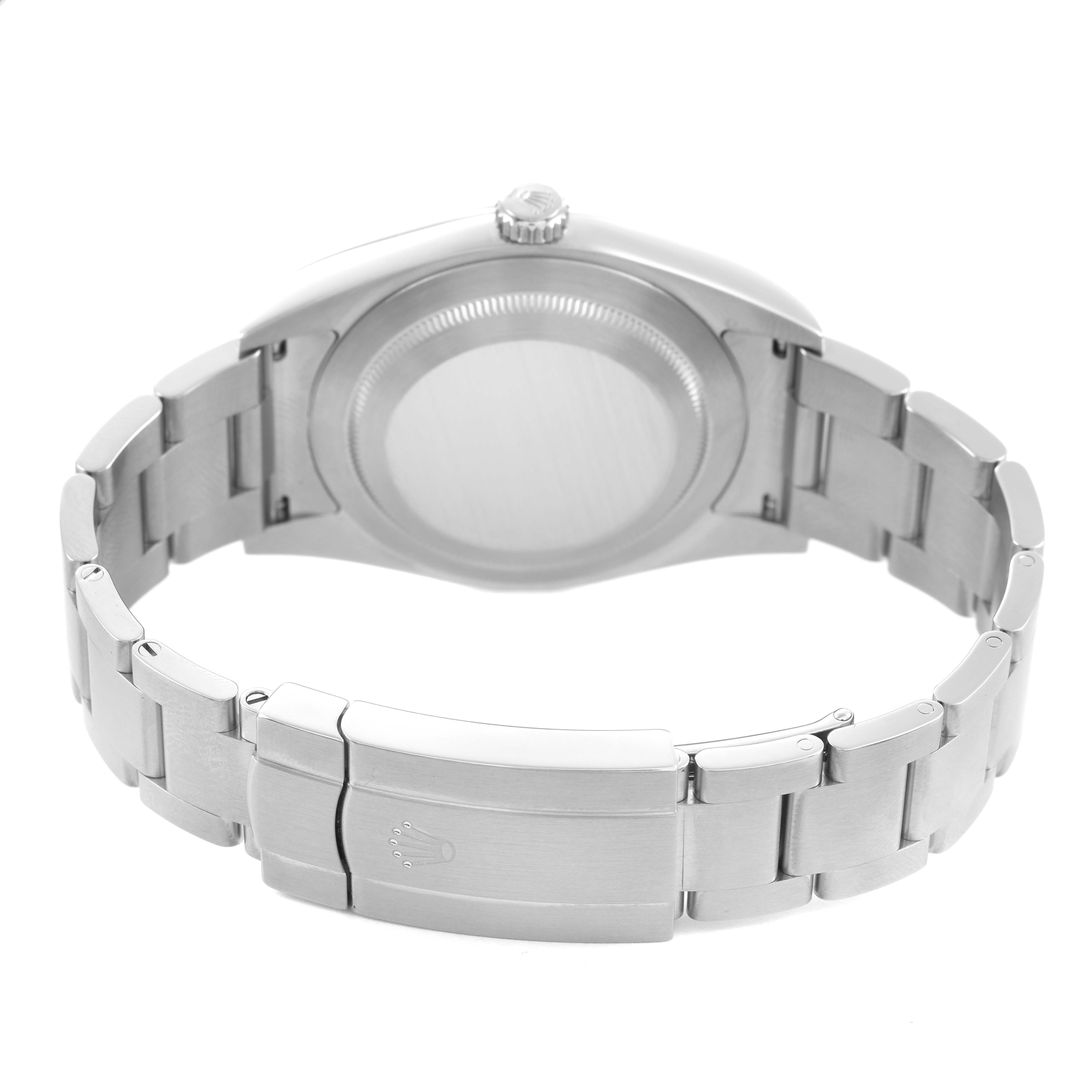 The image shows the back of the Rolex Oyster Perpetual 114300 Men's Stainless Steel Grey Dial watch, highlighting the closed clasp and bracelet.