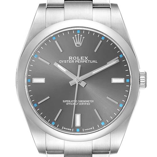 The Rolex Oyster Perpetual 114300 Men's Stainless Steel Grey Dial watch is shown from a front angle, displaying the dial, hour markers, hands, and crown.
