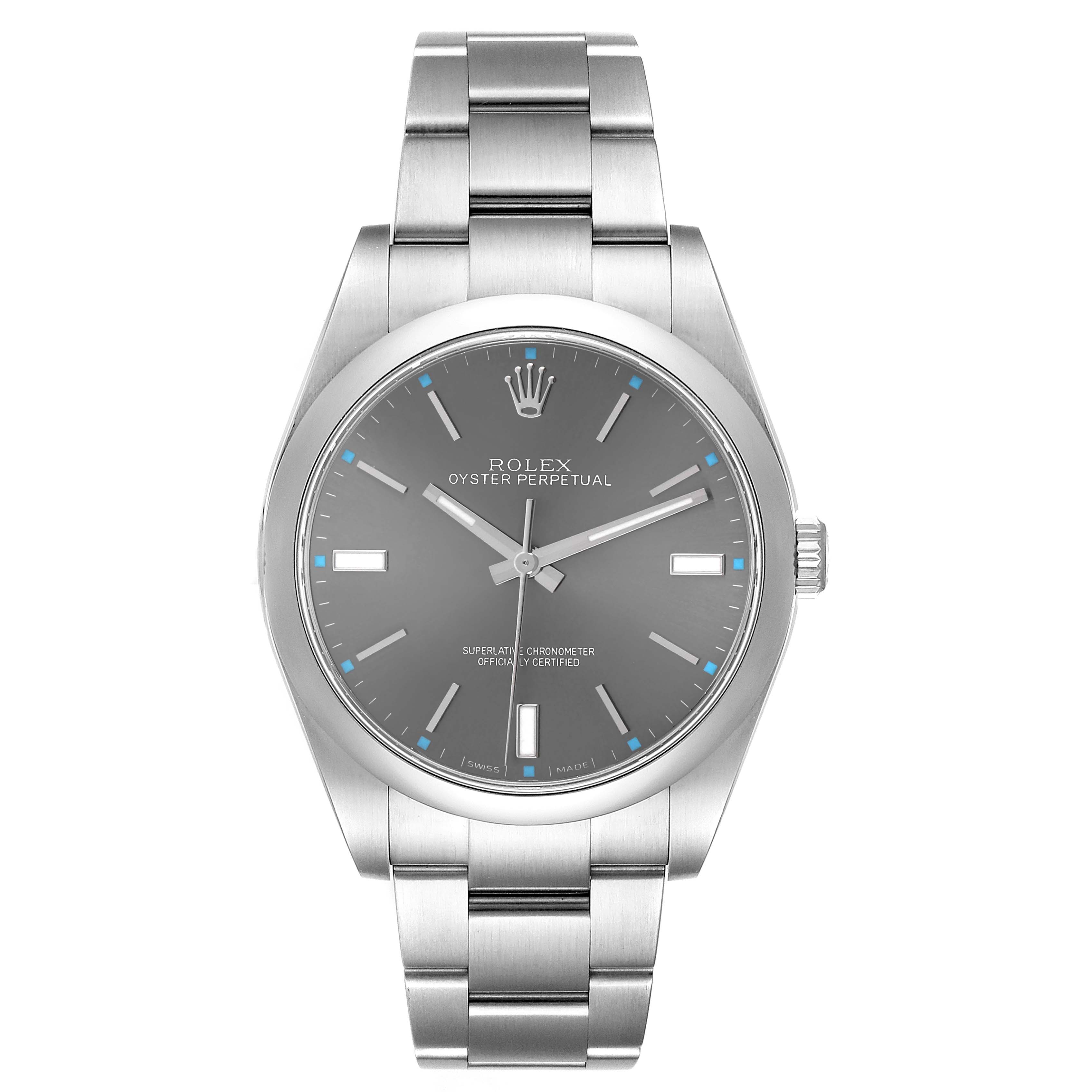 The Rolex Oyster Perpetual 114300 Men's Stainless Steel Grey Dial watch image shows a front view, highlighting the dial, case, bezel, and bracelet.