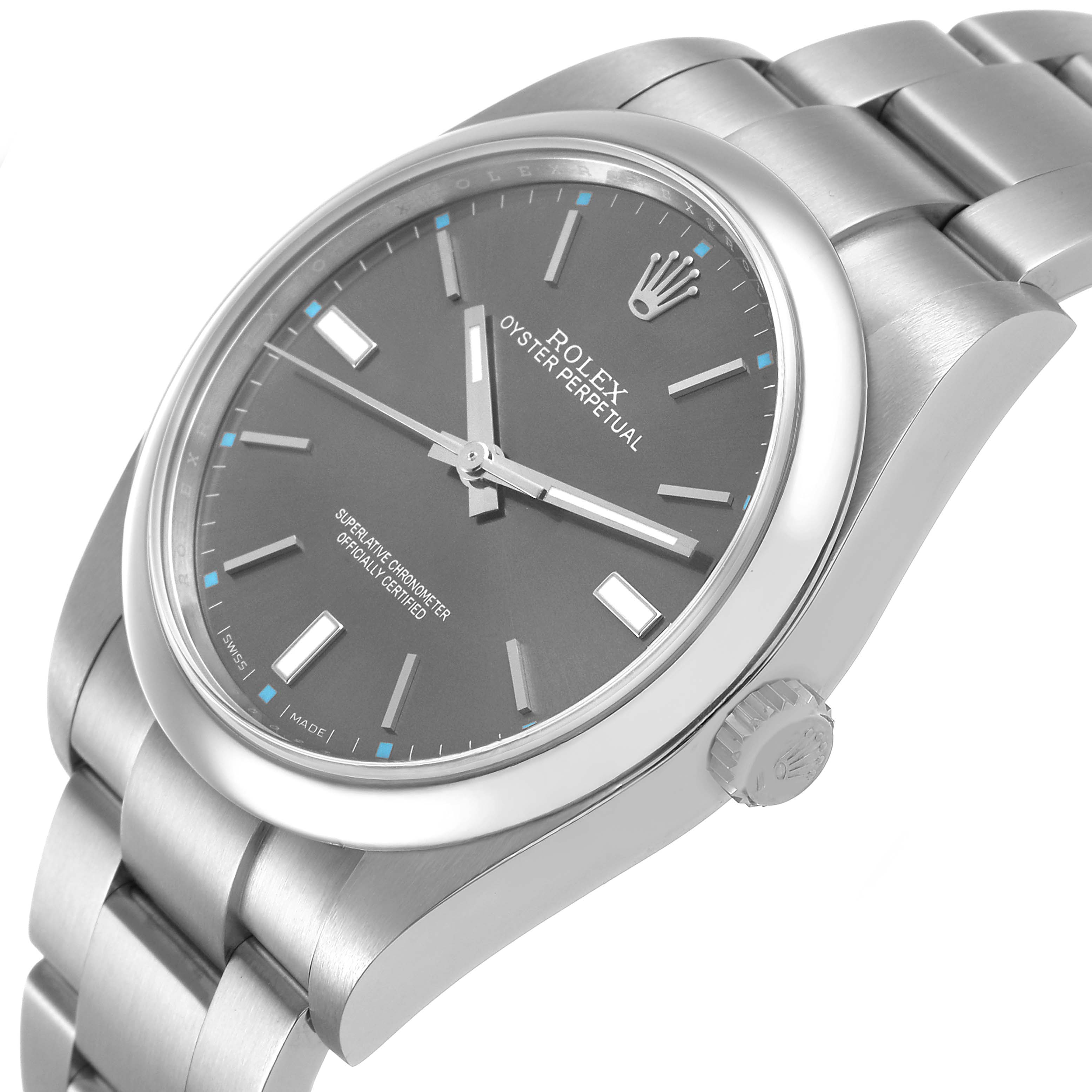The Rolex Oyster Perpetual 114300 Men's Stainless Steel Grey Dial watch is shown from a side angle, highlighting the dial, crown, and bracelet.