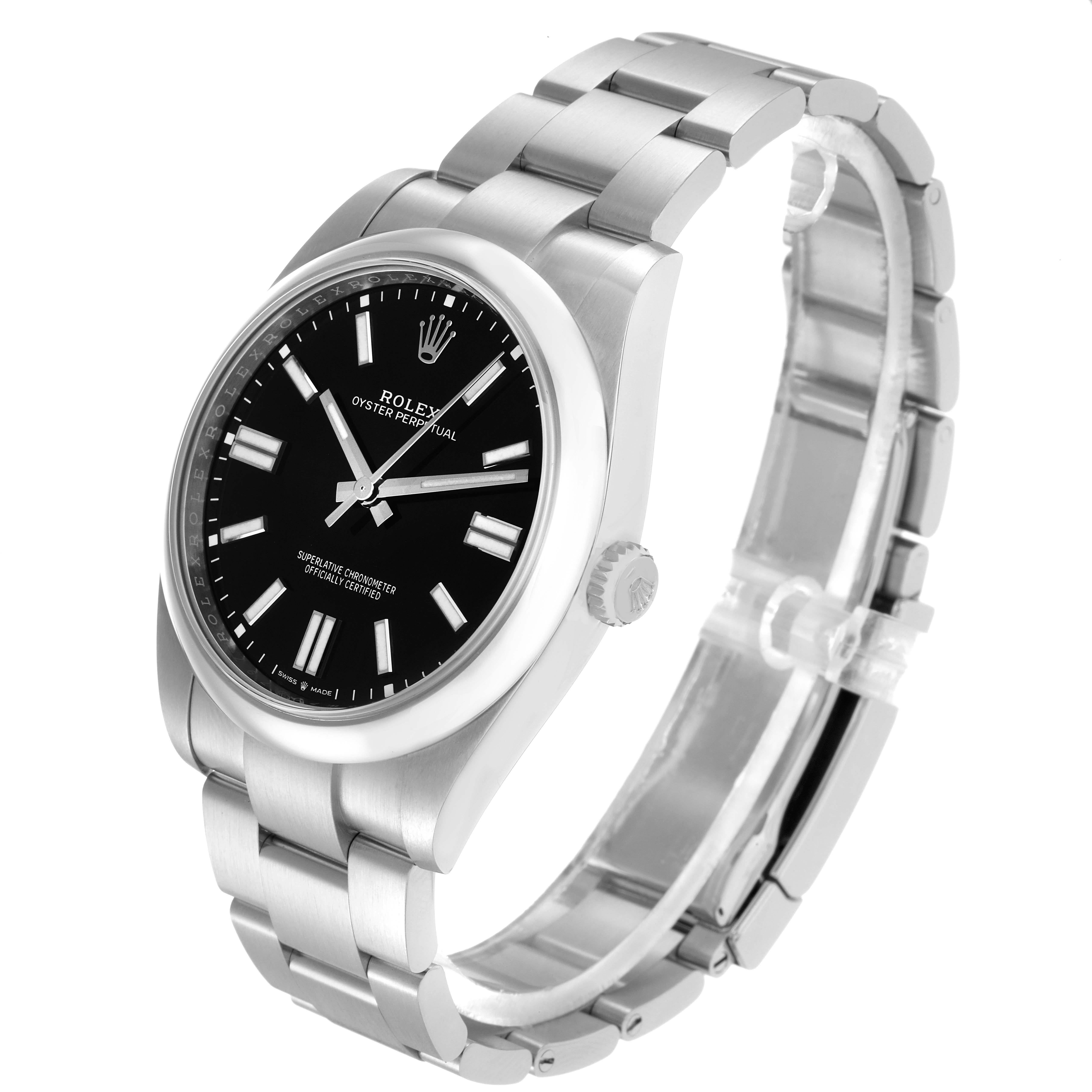 The Rolex Oyster Perpetual model 124300 watch is shown at a three-quarter angle, clearly displaying the face, bezel, crown, and part of the metal bracelet.