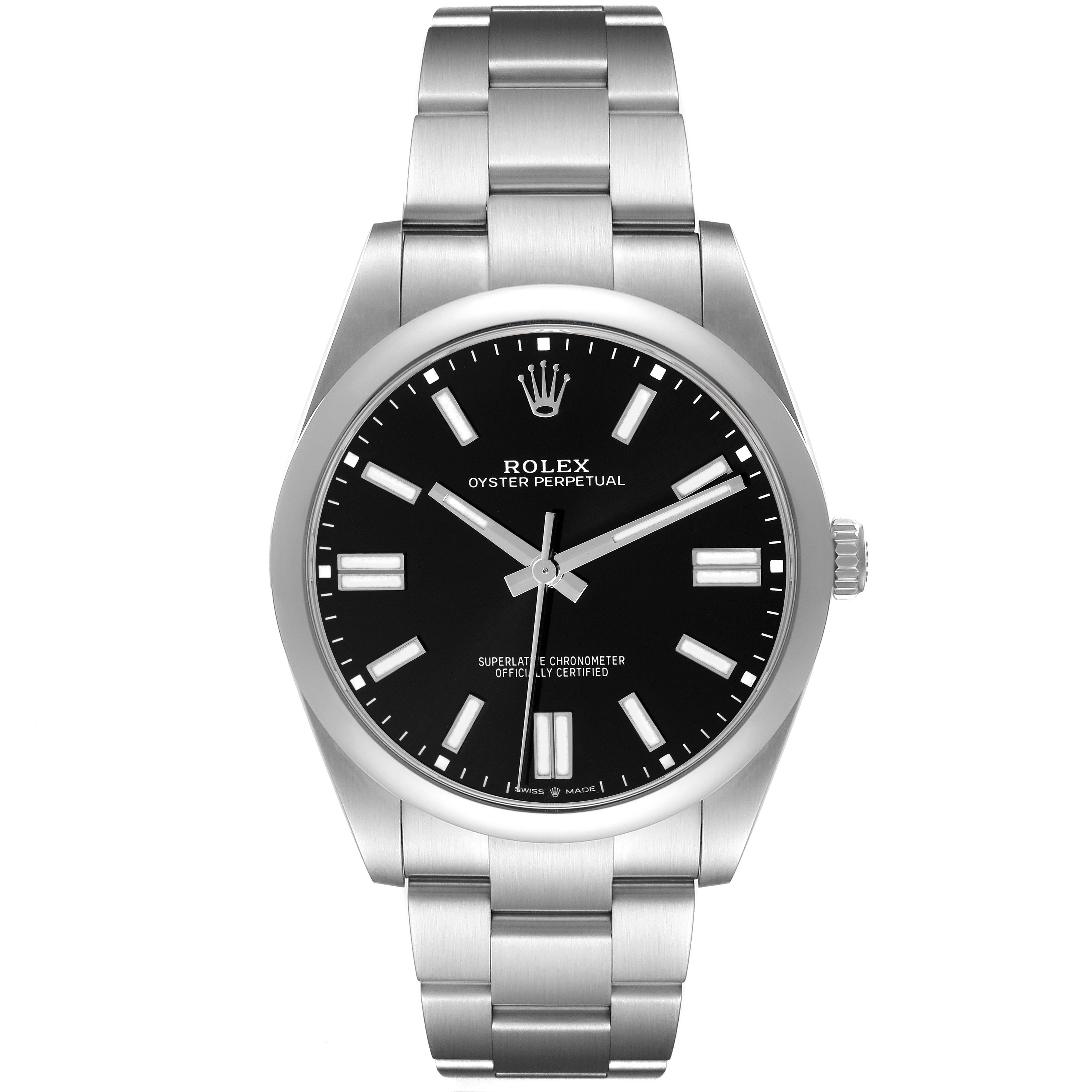 The image shows a front view of the Rolex Oyster Perpetual, model number 124300, displaying its black dial, case, and stainless steel bracelet.
