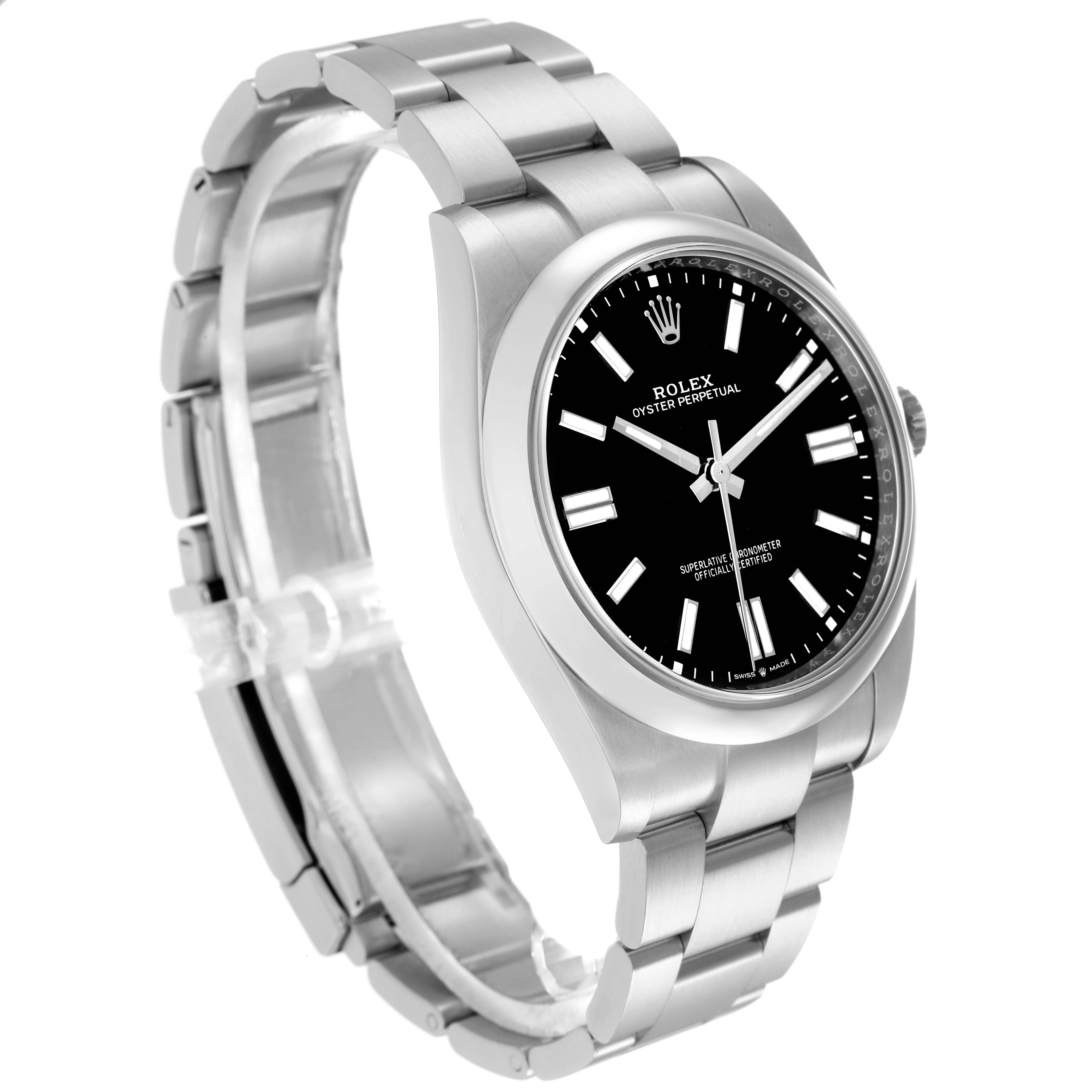 The Rolex Oyster Perpetual model 124300 is shown at a slight angle displaying its face, bezel, and bracelet.