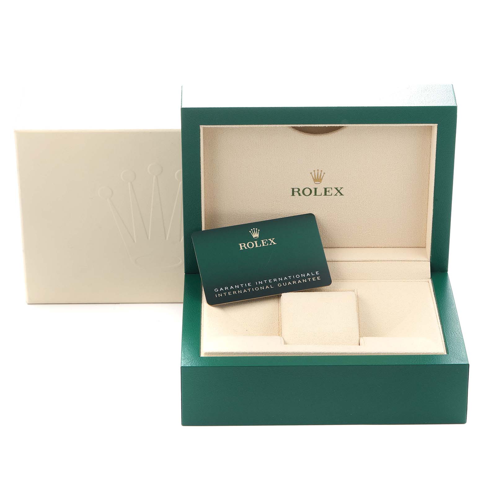 The image shows the box of the Rolex Oyster Perpetual model 124300, including the guarantee card and cushion for a men's watch.