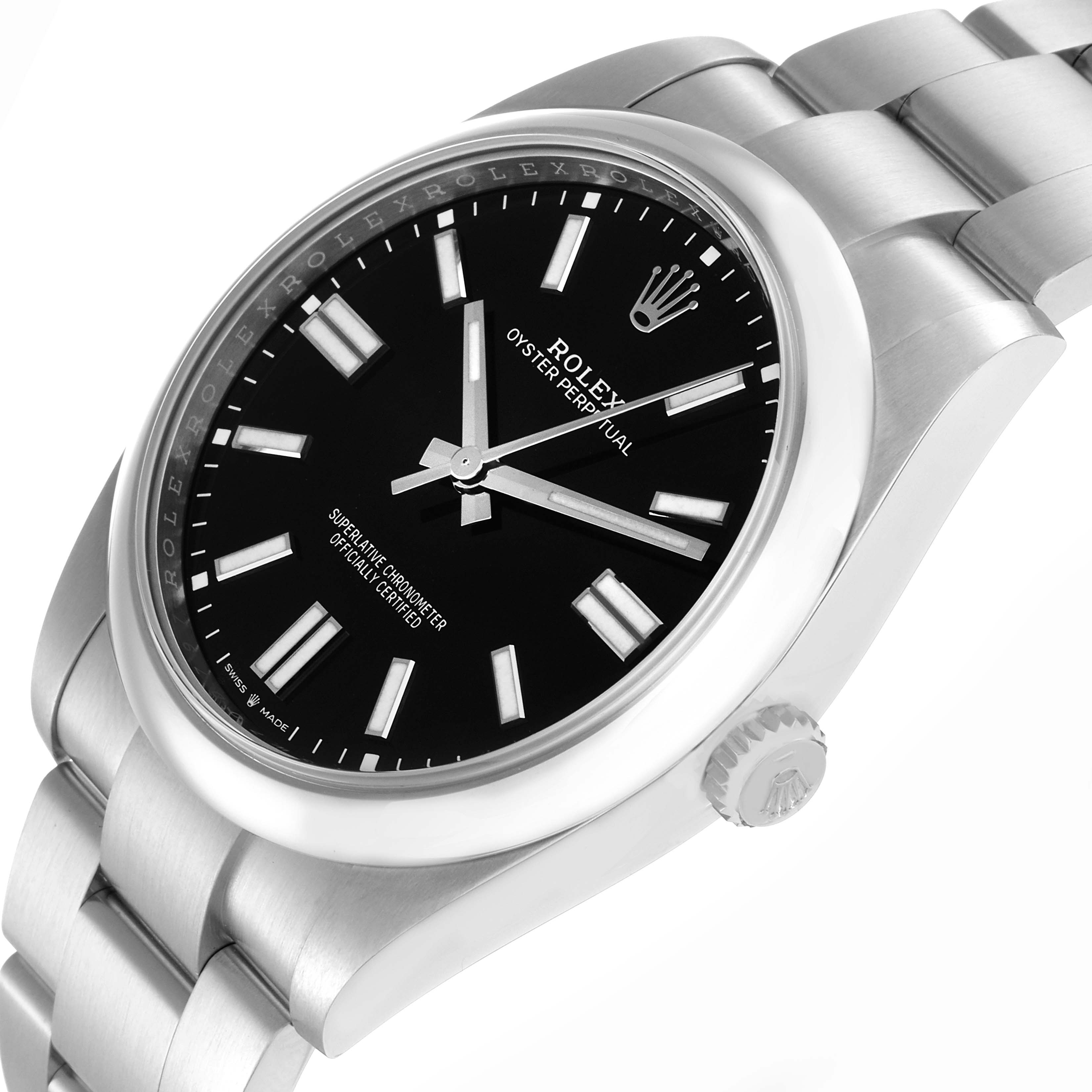 The image shows a Rolex Oyster Perpetual model 124300 watch at an angle displaying the dial, bezel, bracelet, and crown.