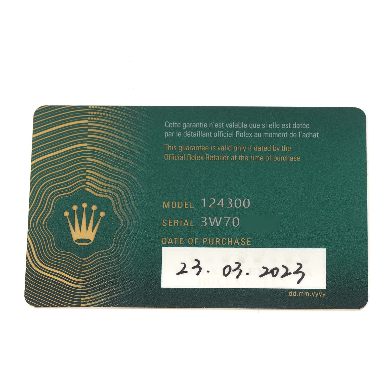 The image shows a Rolex guarantee card for a Men's Oyster Perpetual, model number 124300, displaying model, serial number, and purchase date.