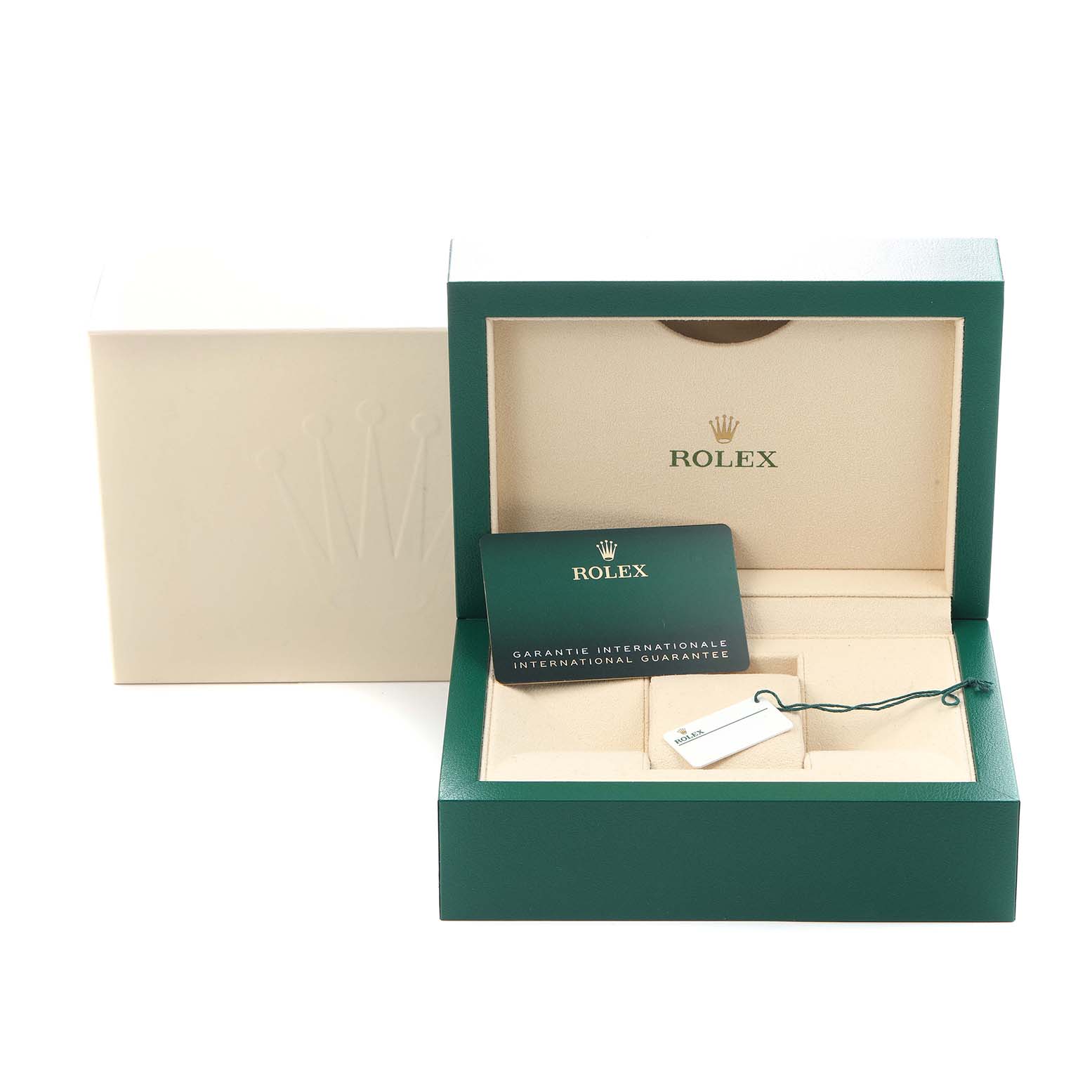 The image shows the packaging for a Rolex Oyster Perpetual, model number 124300, featuring a green box, a warranty card, and a tag inside.