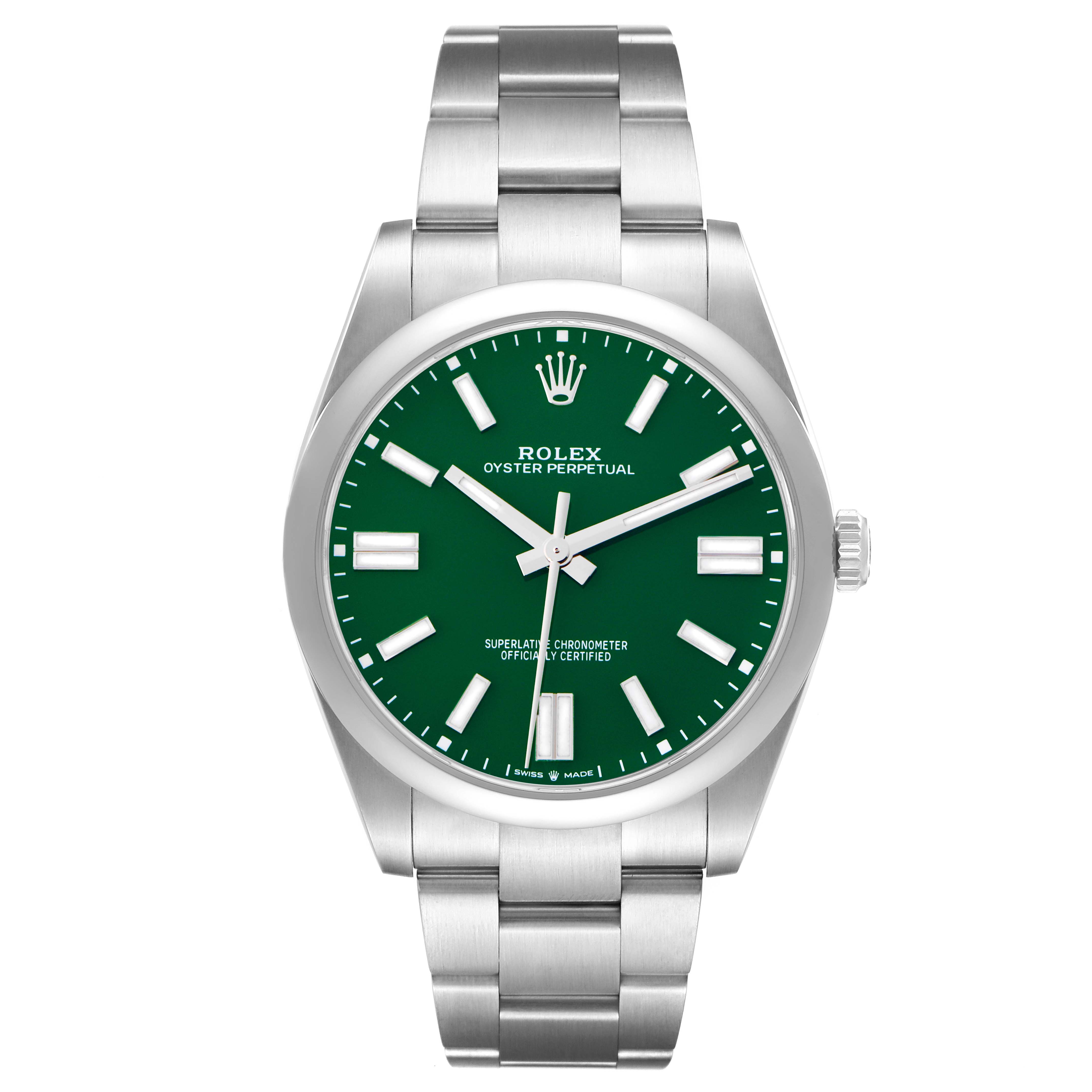 The Rolex Oyster Perpetual model 124300 is shown from a front angle, highlighting its green dial, stainless steel bezel, and bracelet.