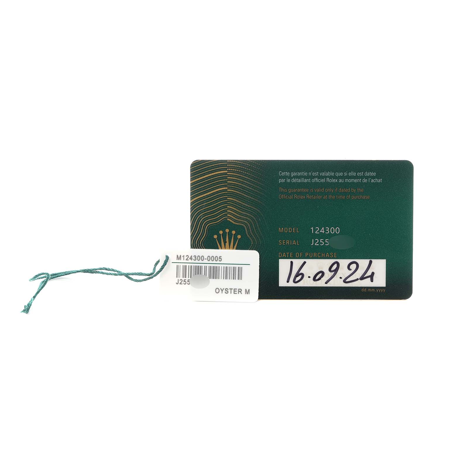 The image shows a warranty card and tag for a Rolex Oyster Perpetual men's watch, model number 124300, with a visible serial number and purchase date.