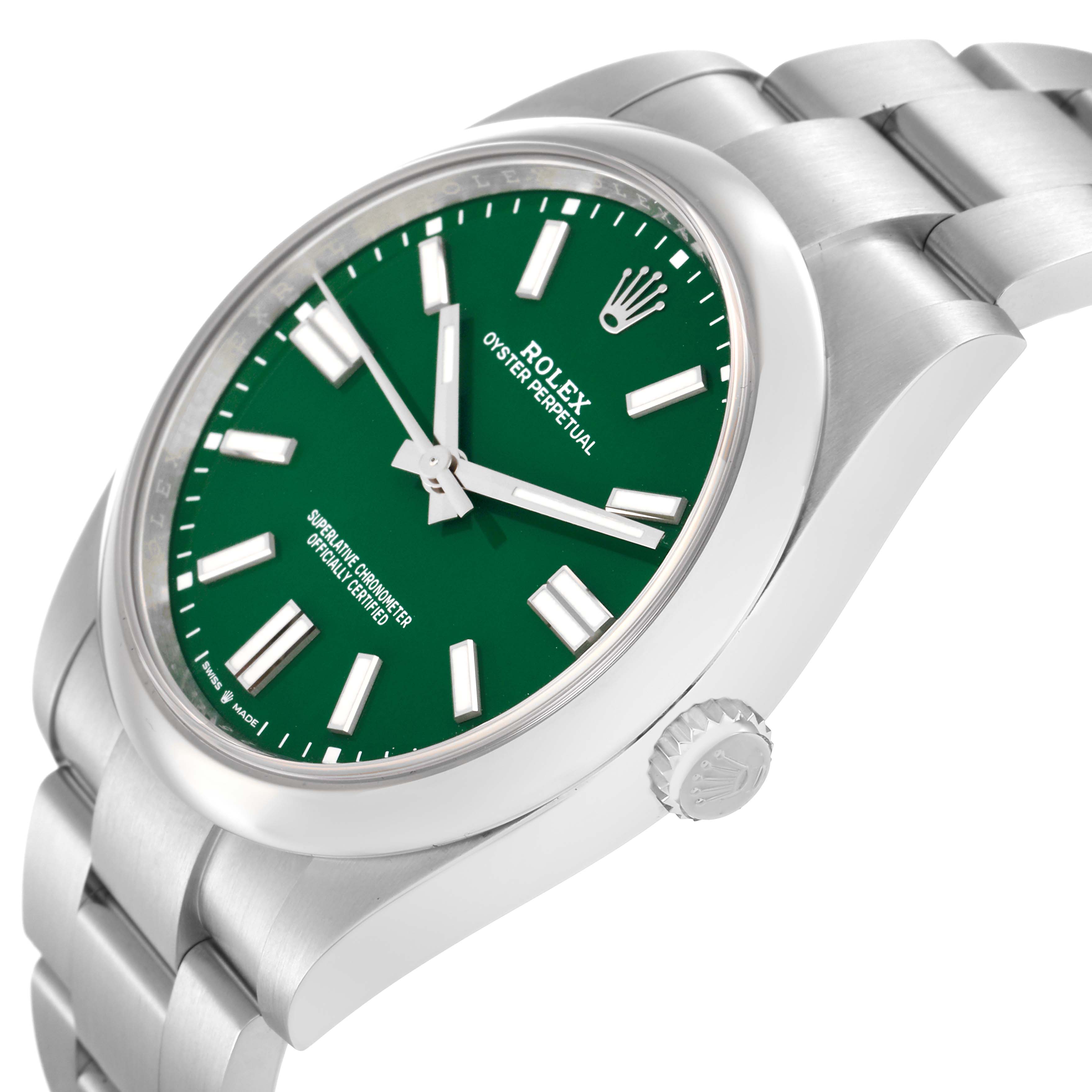 The image shows a Rolex Oyster Perpetual model 124300 men's watch from a side angle, highlighting the green dial, silver hour markers, crown, and bracelet.