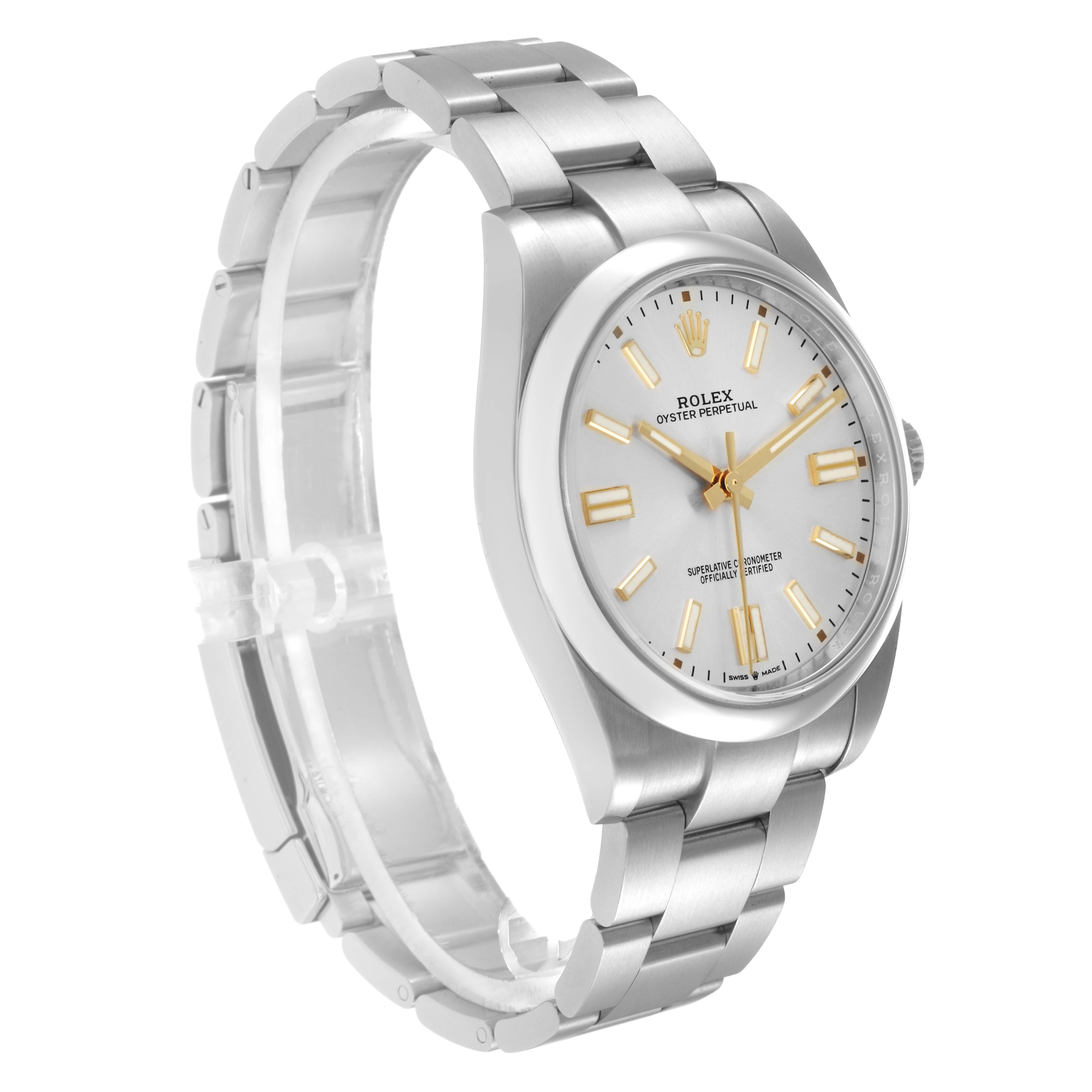 The Rolex Oyster Perpetual model 124300 is shown at a three-quarter angle, highlighting the watch face, bezel, crown, and metal bracelet.