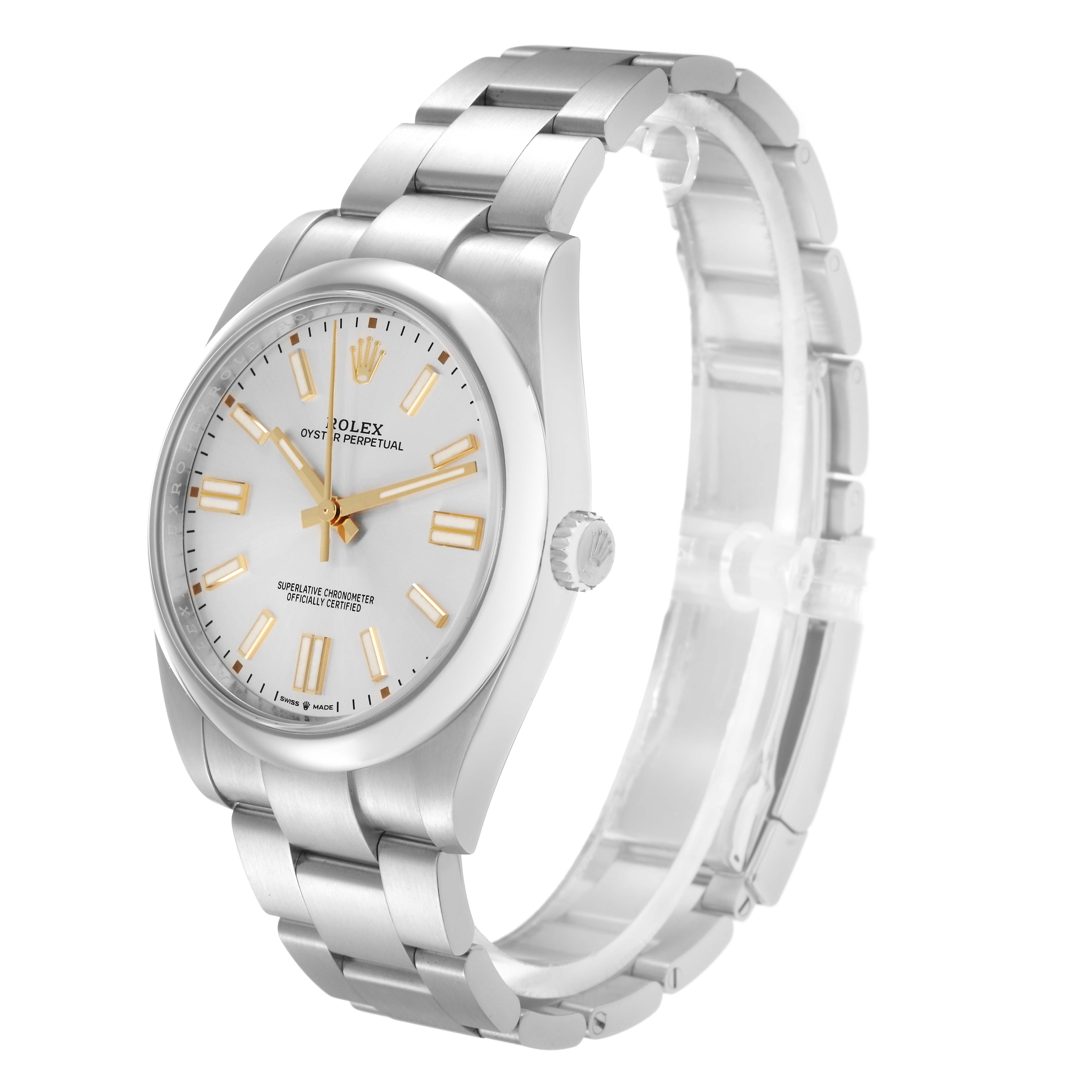 The Rolex Oyster Perpetual model 124300 watch is shown at a three-quarter angle, highlighting the face, bezel, and stainless steel bracelet.