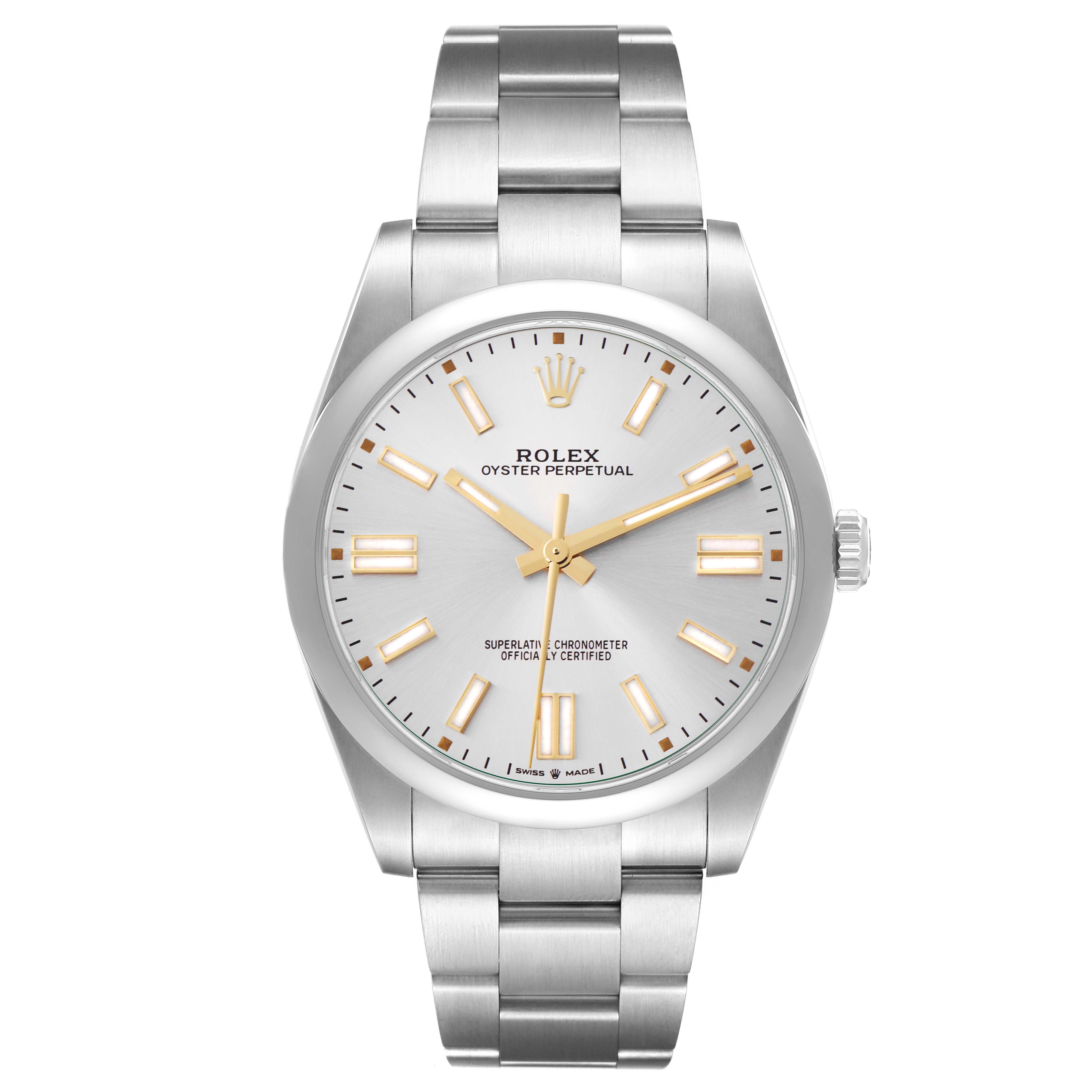 The Rolex Oyster Perpetual model 124300 is shown from a frontal angle, highlighting the silver dial, gold hour markers, and stainless steel bracelet.