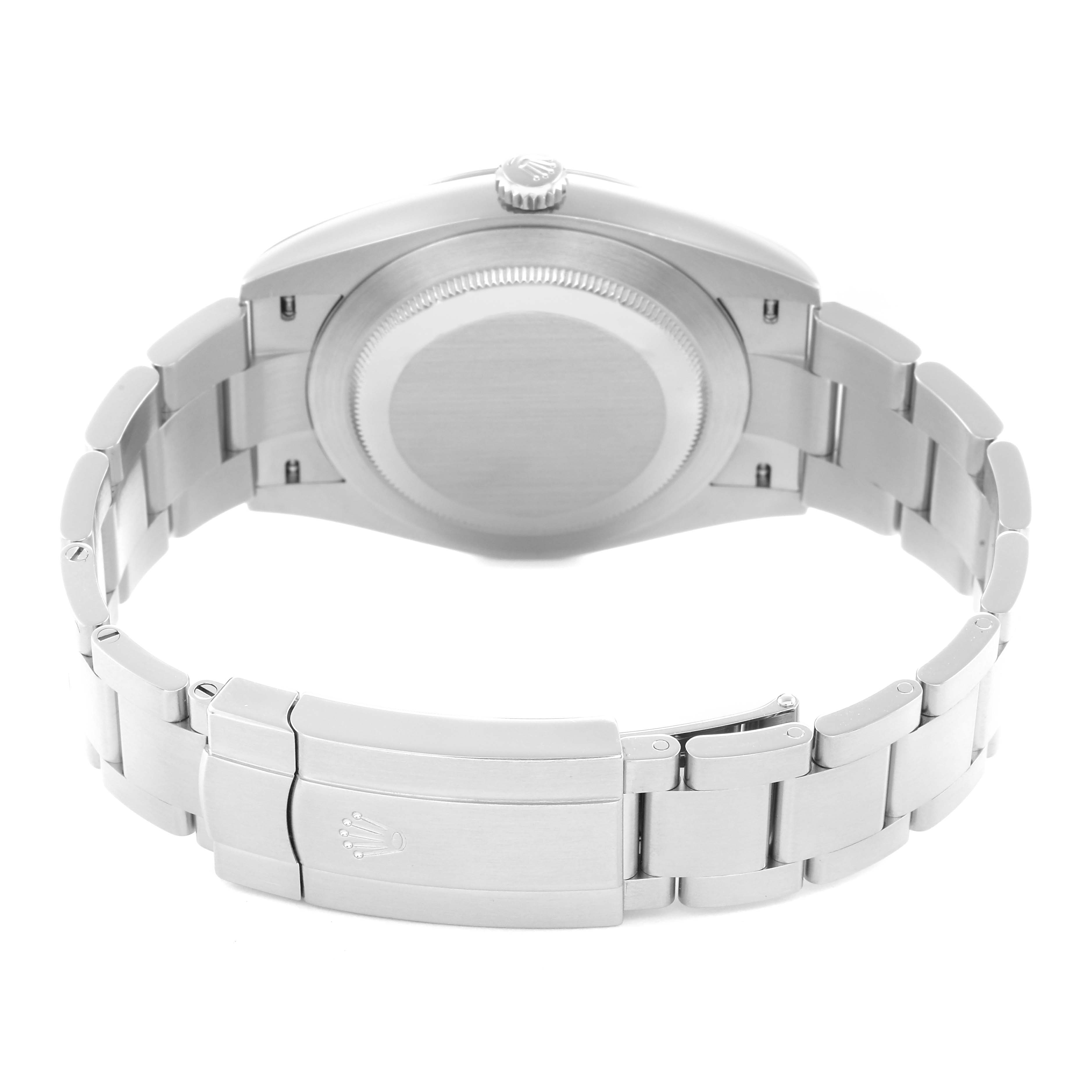 The image shows the back and clasp of the Rolex Oyster Perpetual model 124300 men's watch, highlighting the bracelet and case back.