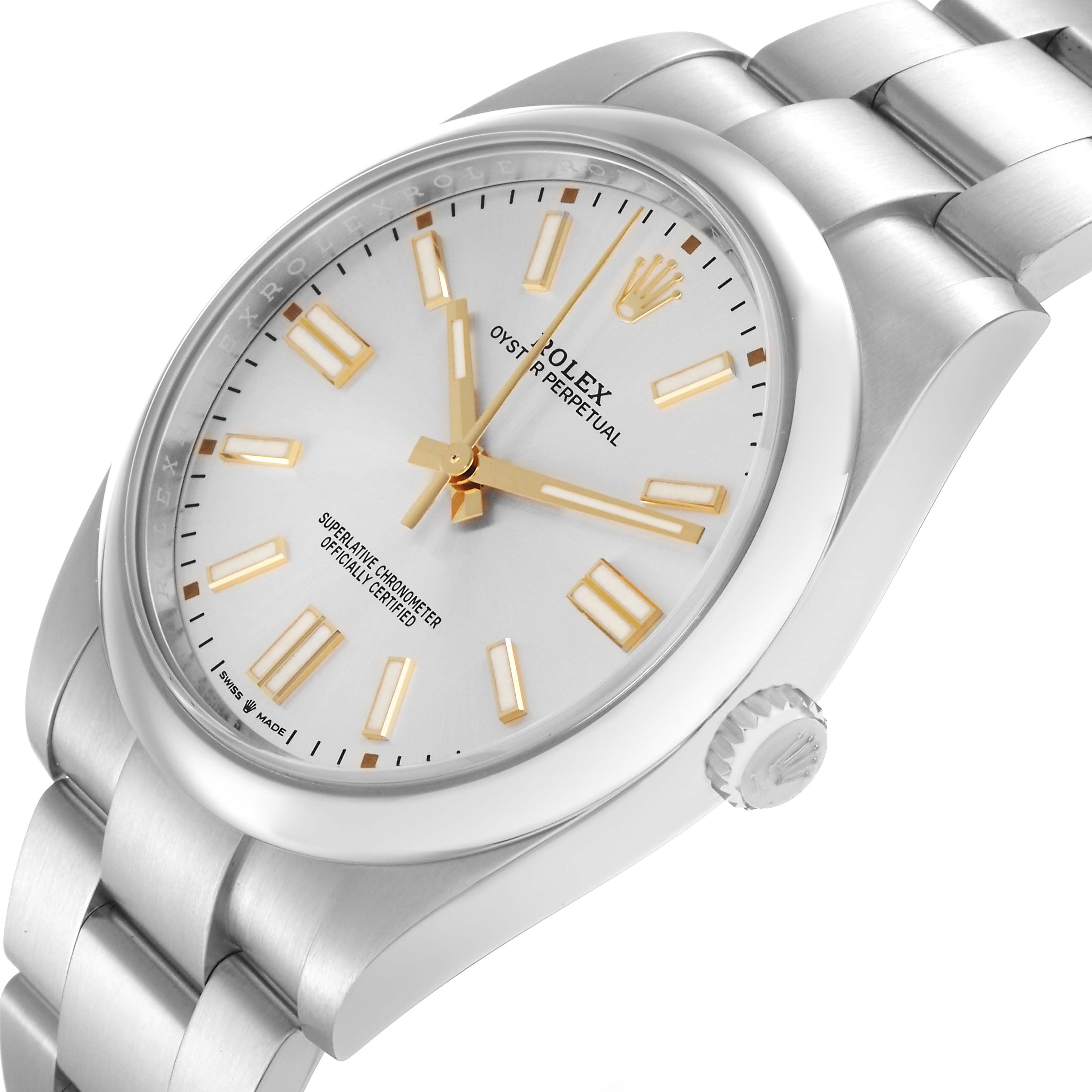 The Rolex Oyster Perpetual model 124300 is shown from an angled side view, displaying the watch face, bezel, crown, and part of the bracelet.
