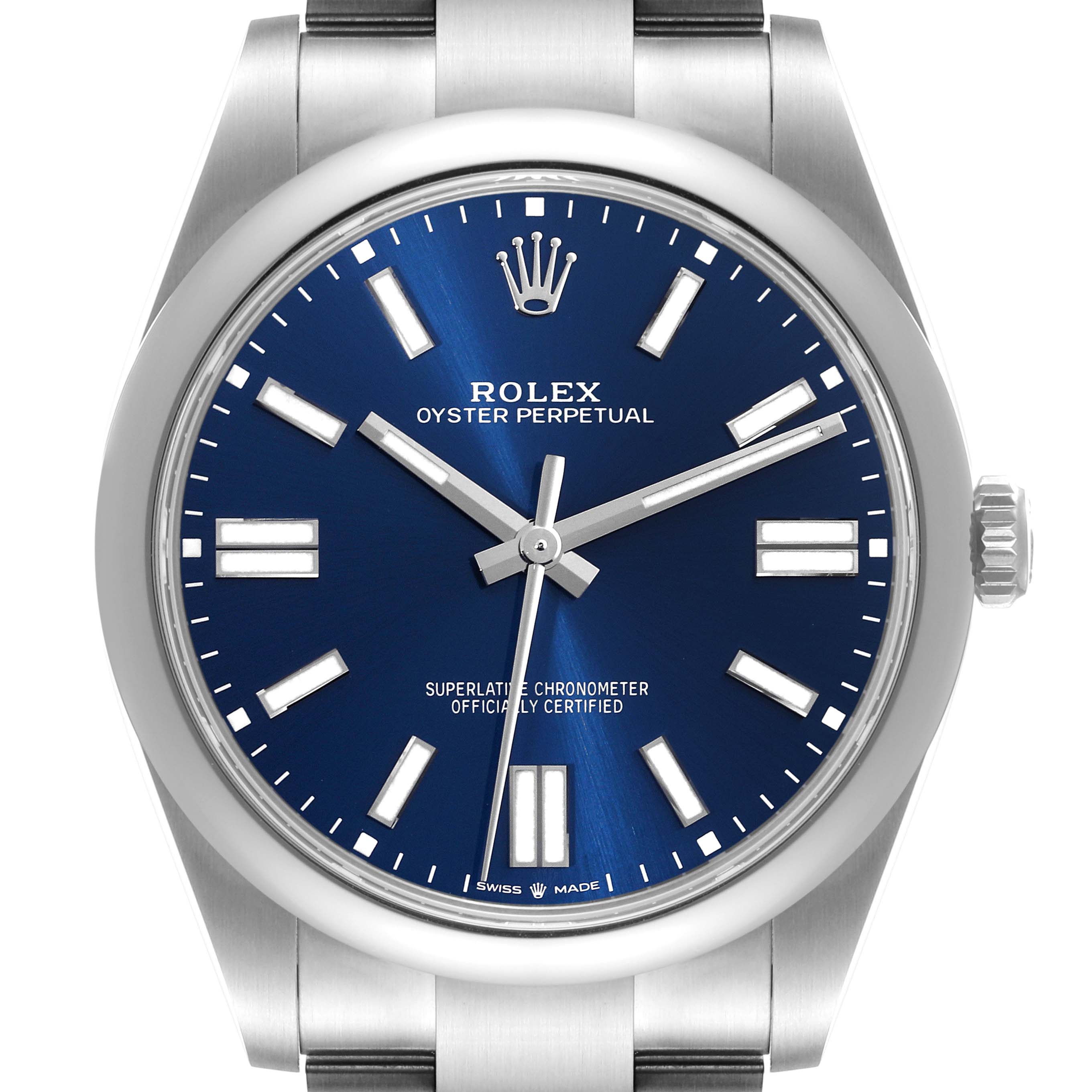 This image shows a front view of the Rolex Oyster Perpetual 124300 Men's Stainless Steel Blue Dial 124300 Men's Stainless Steel Blue Dial watch with a blue dial and silver hour markers.