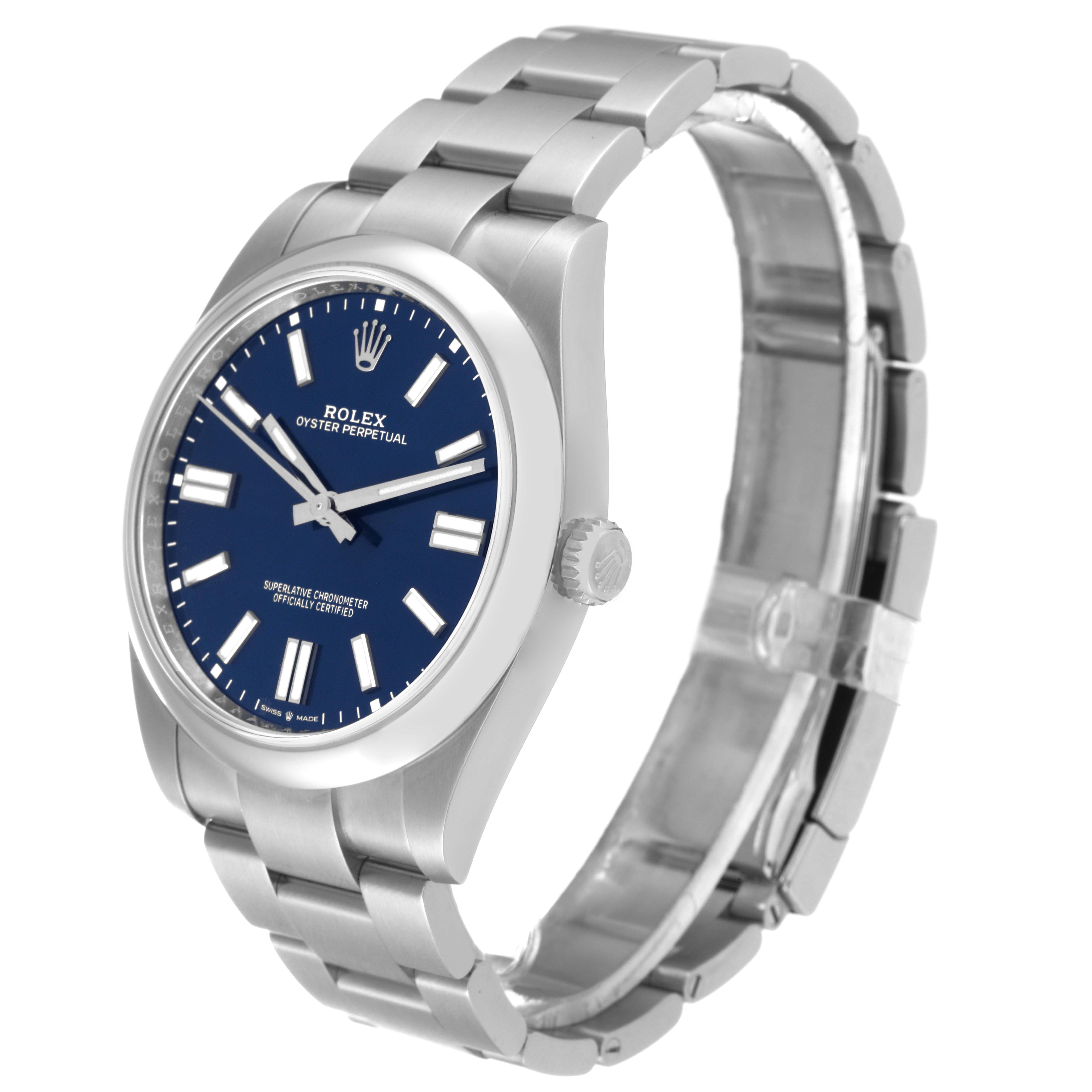 The image shows a Rolex Oyster Perpetual 124300 Men's Stainless Steel Blue Dial 124300 Men's Stainless Steel Blue Dial watch at a side angle, highlighting the bracelet, dial, casing, and crown.