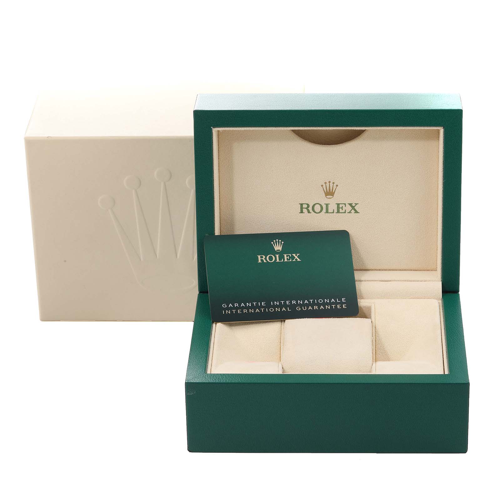 The image shows a Rolex Oyster Perpetual 124300 Men's Stainless Steel Blue Dial 124300 Men's Stainless Steel Blue Dial watch box and international guarantee card.