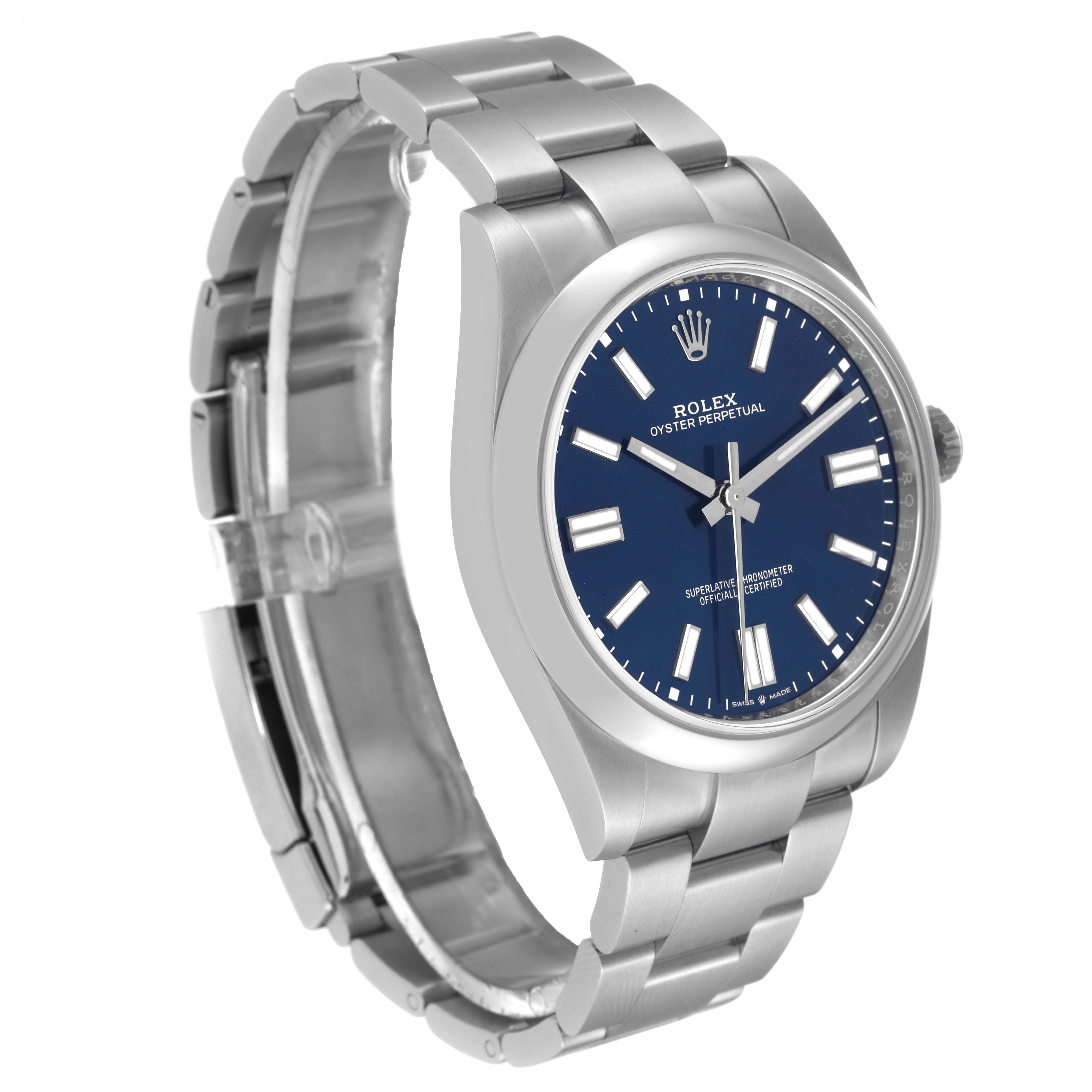 The image shows a Rolex Oyster Perpetual 124300 Men's Stainless Steel Blue Dial 124300 Men's Stainless Steel Blue Dial watch at a three-quarter angle, highlighting the blue dial, stainless steel case, and bracelet.