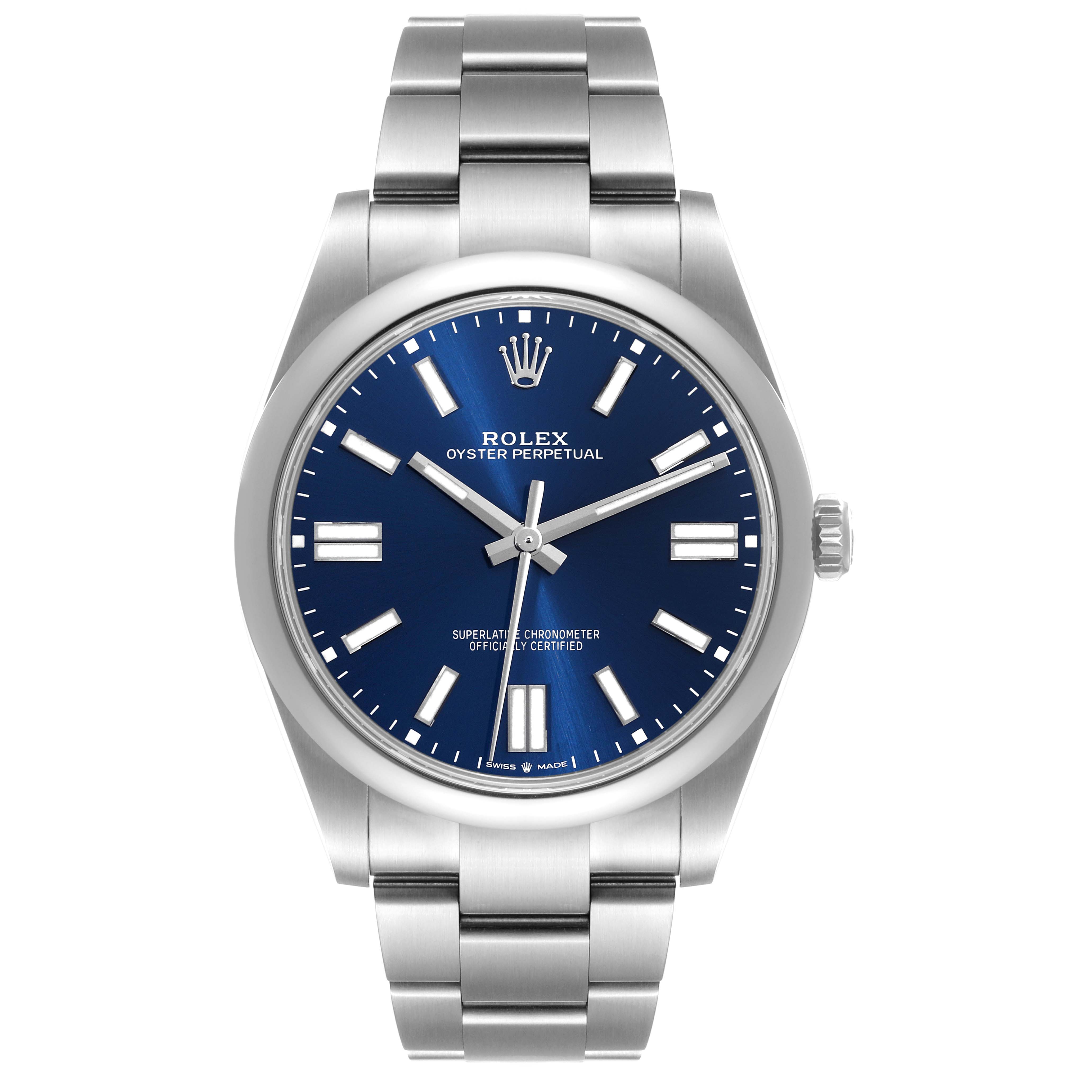 This is a front view of a Rolex Oyster Perpetual 124300 Men's Stainless Steel Blue Dial 124300 Men's Stainless Steel Blue Dial watch, showcasing its blue dial and stainless steel bracelet.