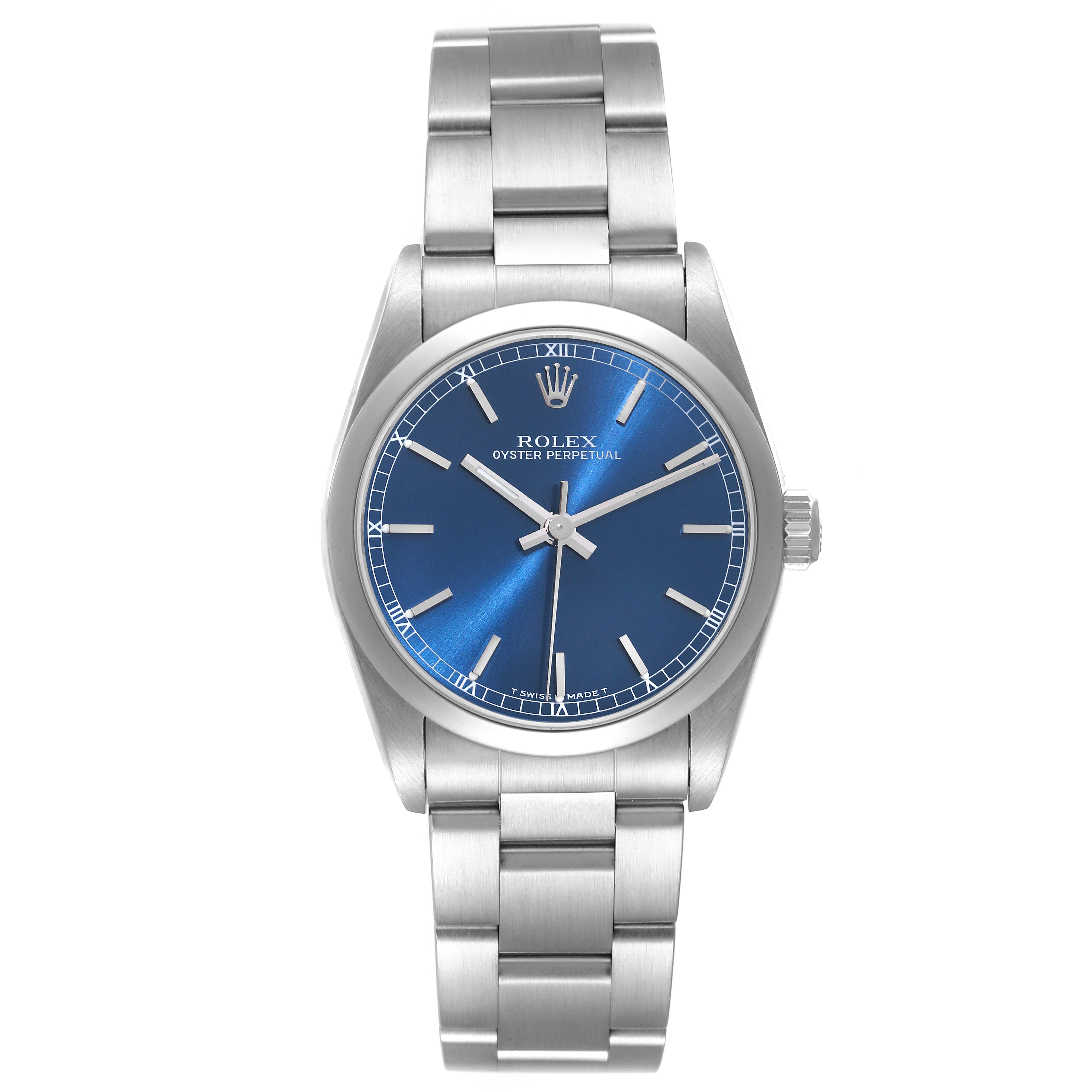 This is a front view of a Rolex Oyster Perpetual watch, showing the blue dial, stainless steel bracelet, and crown.