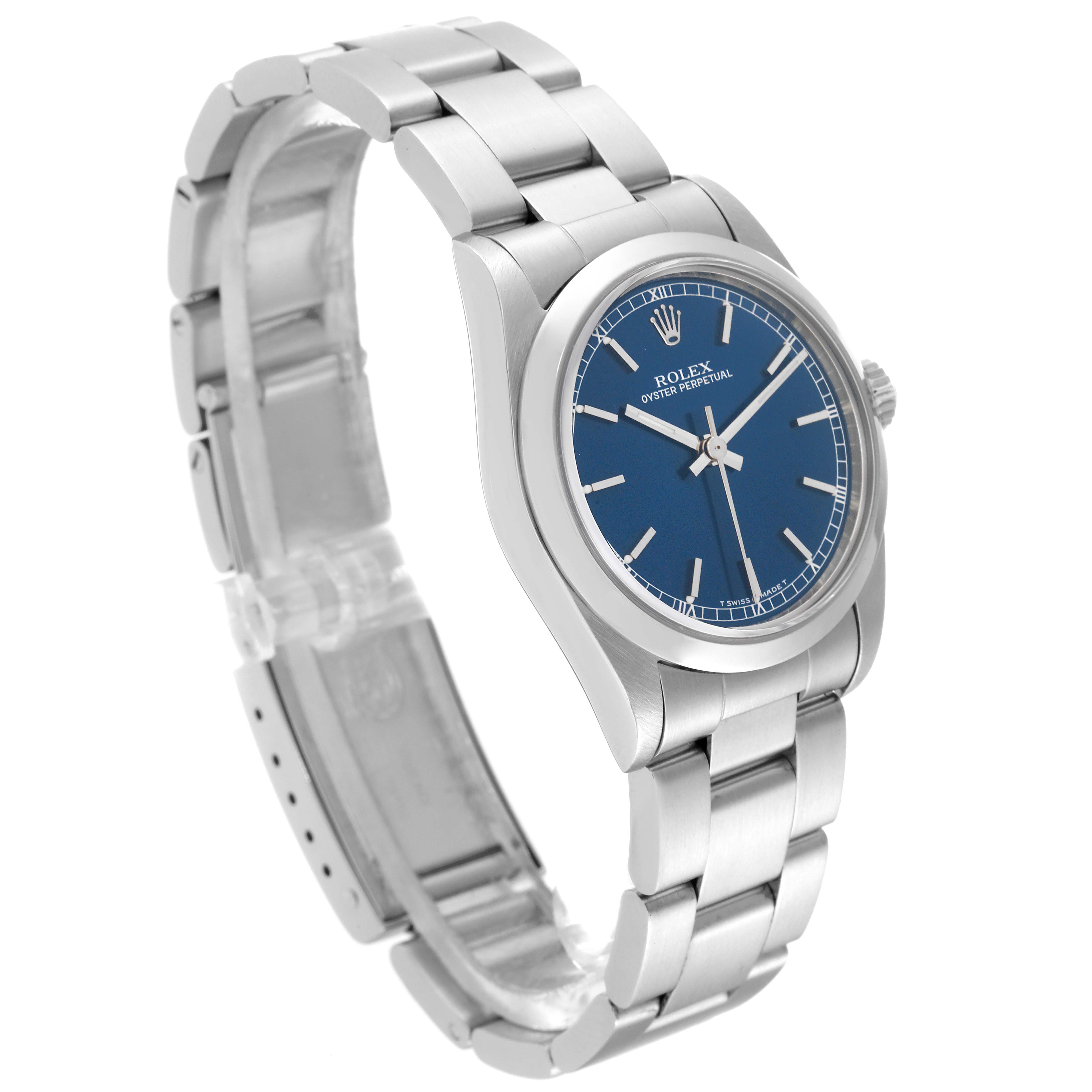 The image shows a side-angle view of a Rolex Oyster Perpetual watch, highlighting its blue dial and metal bracelet.