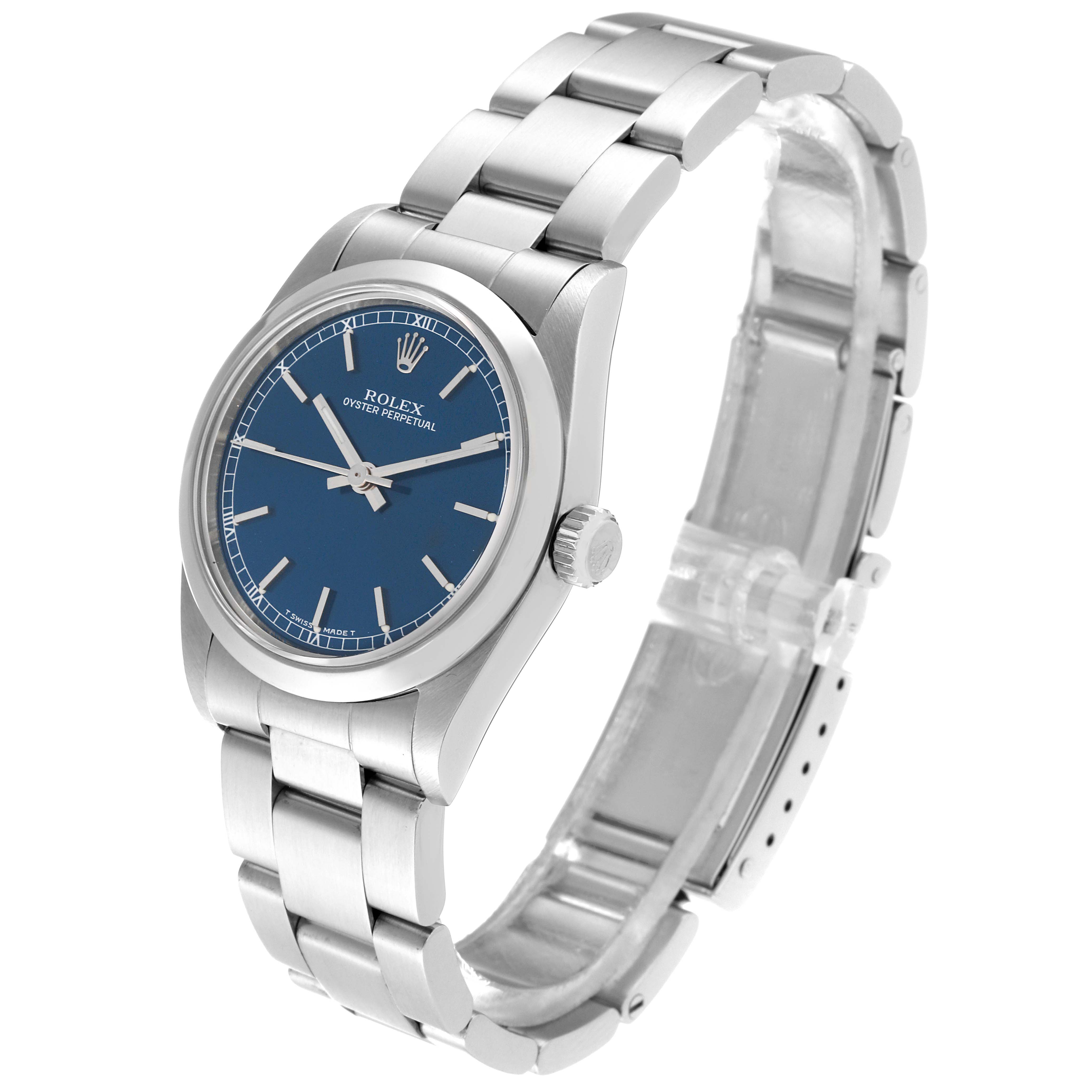 The image shows the Rolex Oyster Perpetual watch from a slightly tilted side angle, highlighting the face, crown, and bracelet.