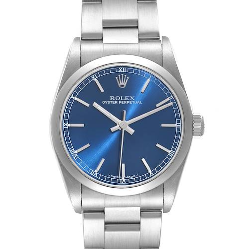 This image shows a front view of the Rolex Oyster Perpetual watch, displaying its blue dial, case, and bracelet.