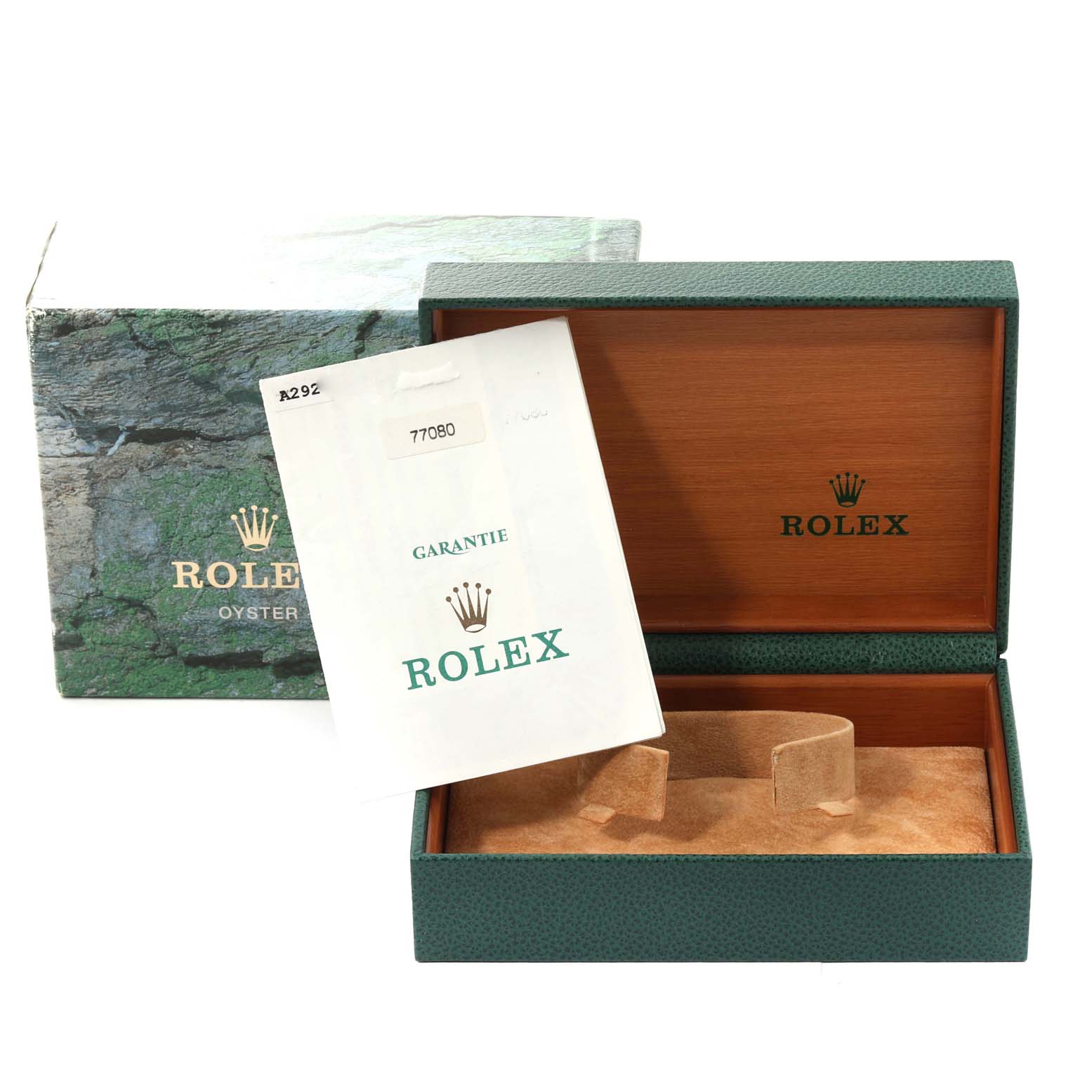 This image shows the packaging, a green box, and the warranty card for the Rolex Oyster Perpetual watch model.