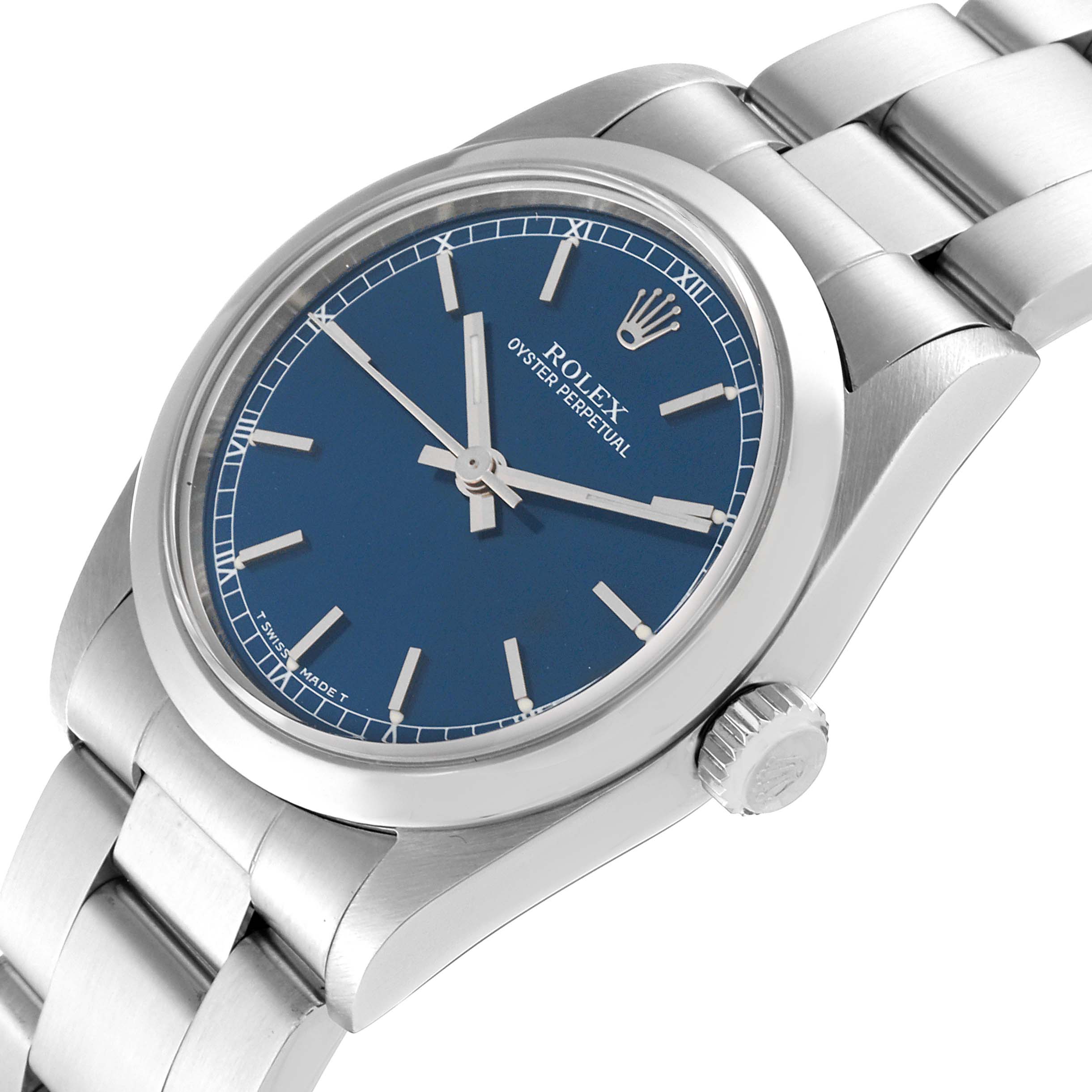 This image shows a close-up angled view of the Rolex Oyster Perpetual watch, highlighting the face, bezel, and part of the bracelet.