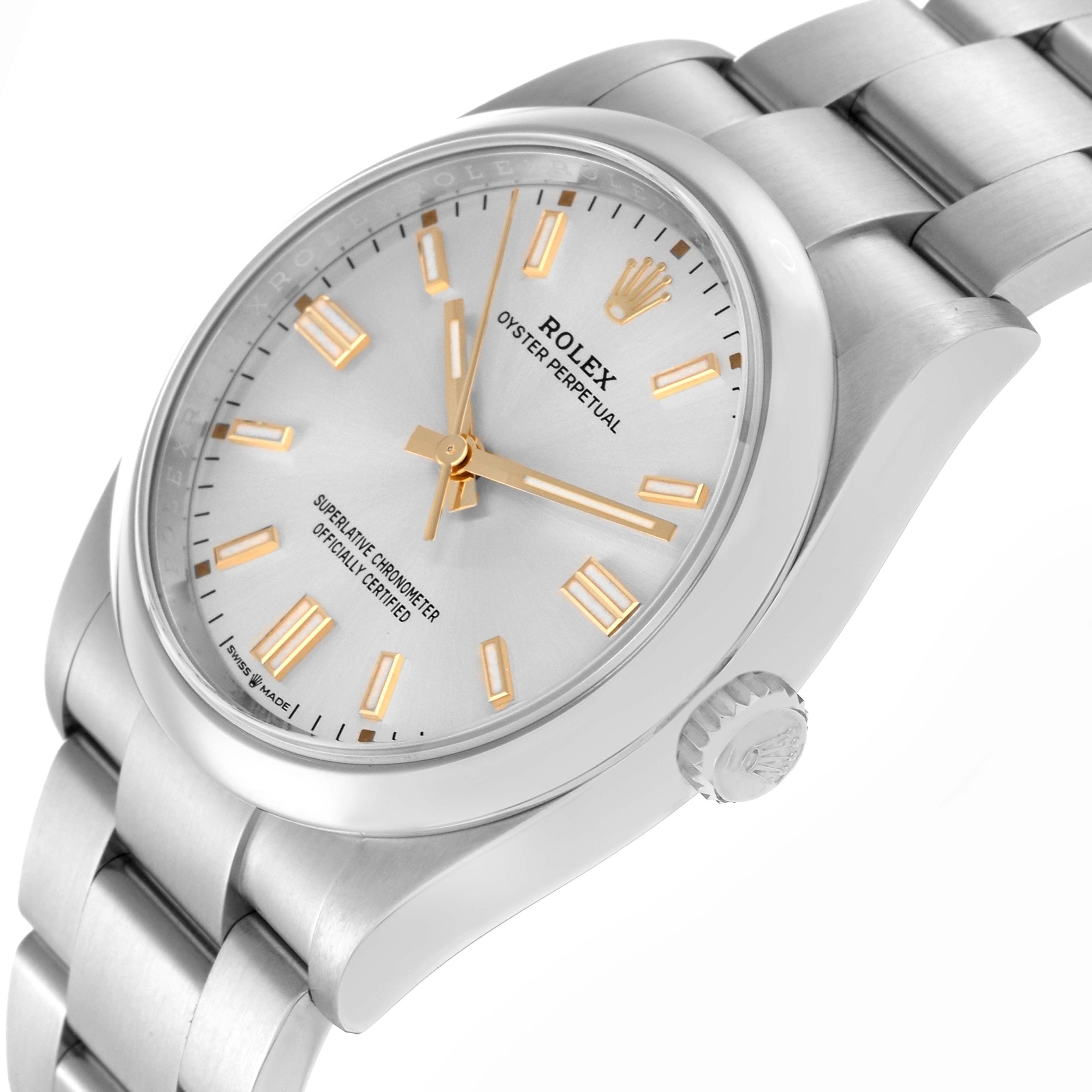 The image shows a Rolex Oyster Perpetual model 126000 from a front-side angle, highlighting the dial, bezel, crown, and part of the bracelet.