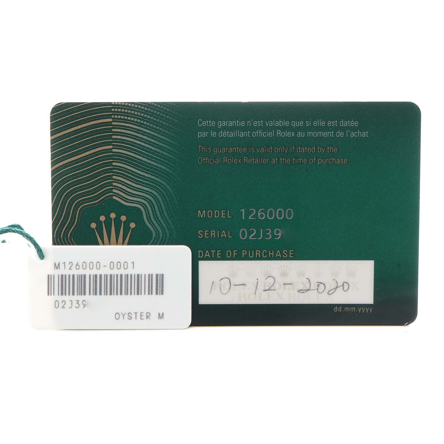 The image shows a warranty card and tag for a Rolex Oyster Perpetual, model 126000, with details including the serial number and date of purchase.