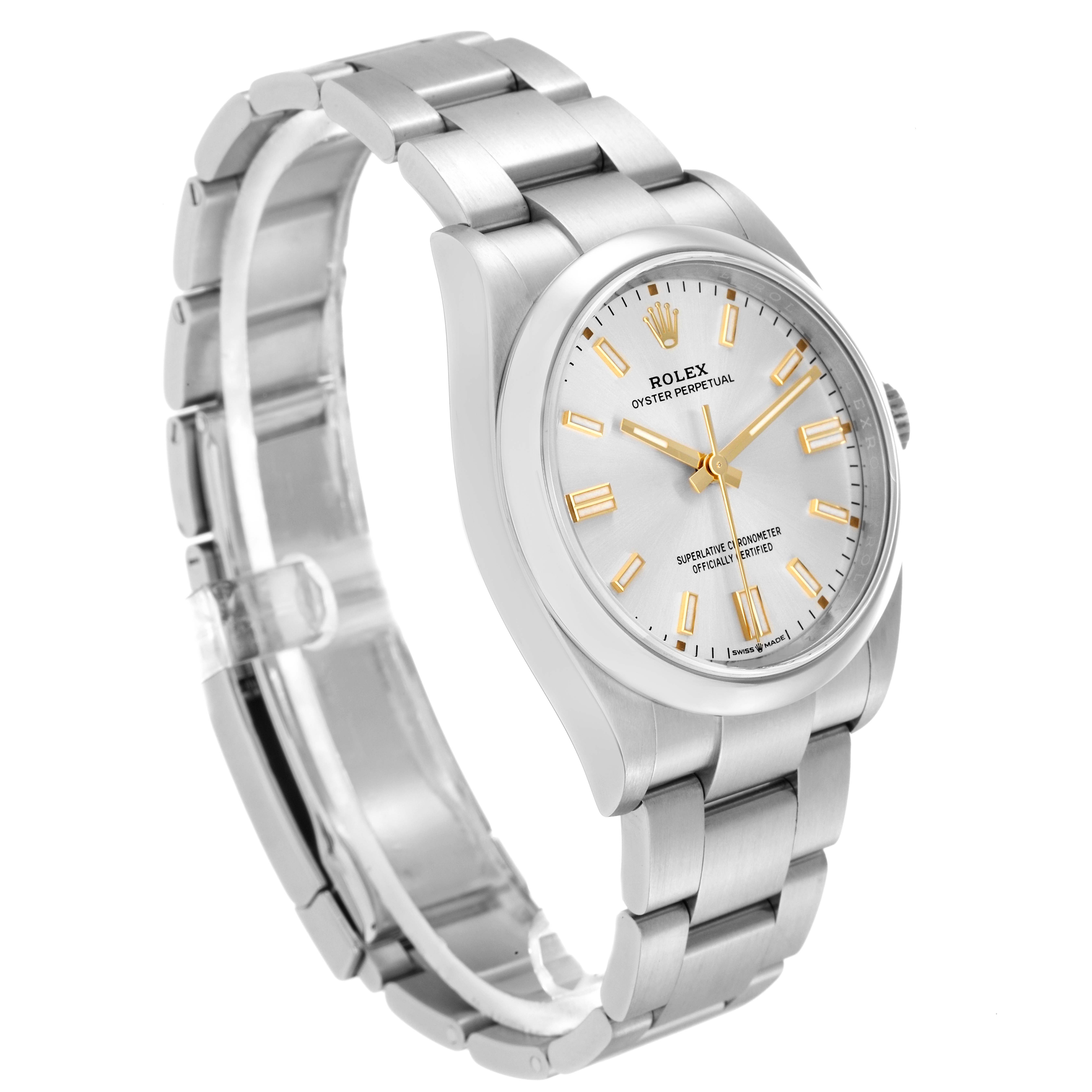 The Rolex Oyster Perpetual model 126000 is shown at an angled side view, highlighting the watch face, bracelet, and part of the clasp.