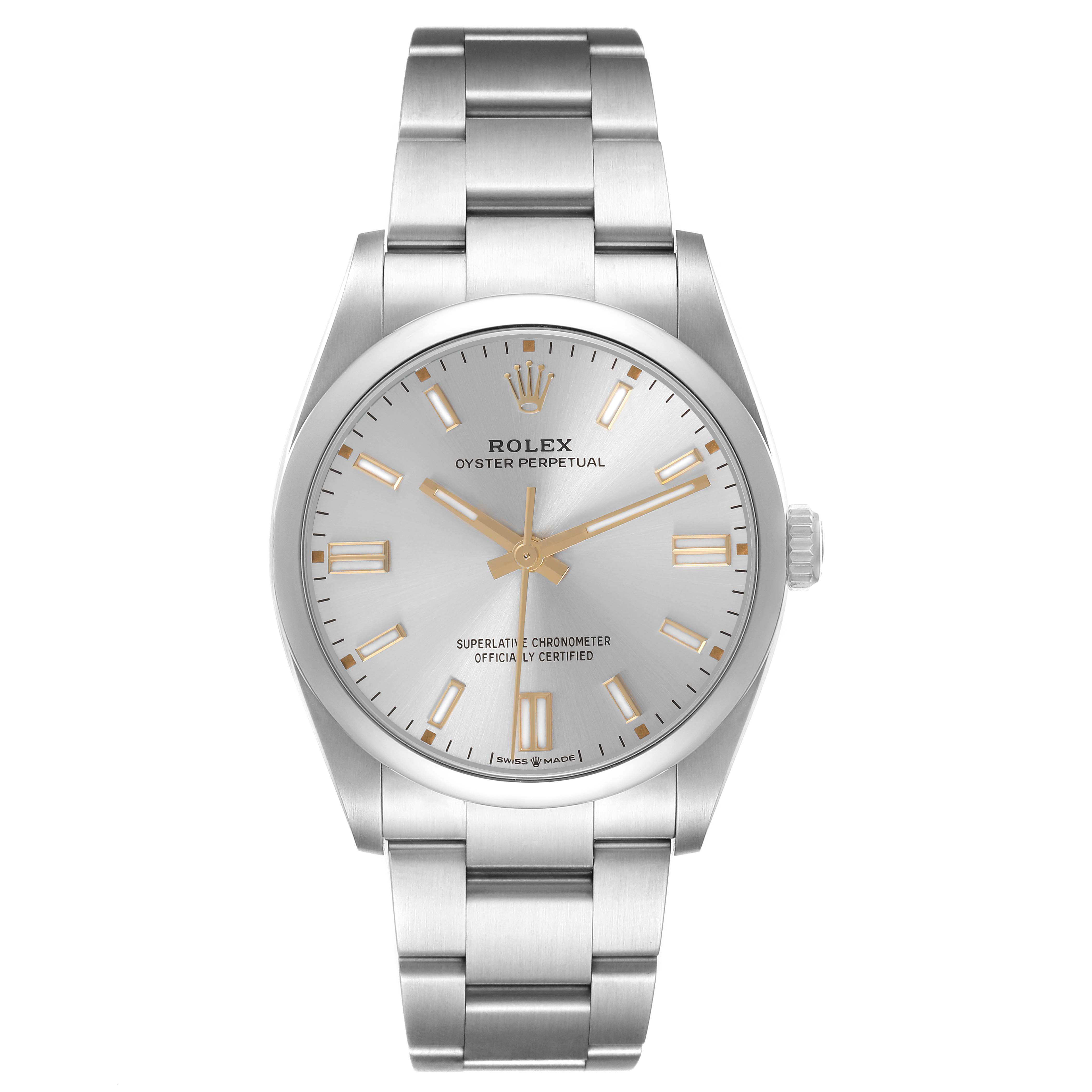 The Rolex Oyster Perpetual model 126000 is shown from a front angle, displaying the dial, bezel, hands, hour markers, crown, and bracelet.