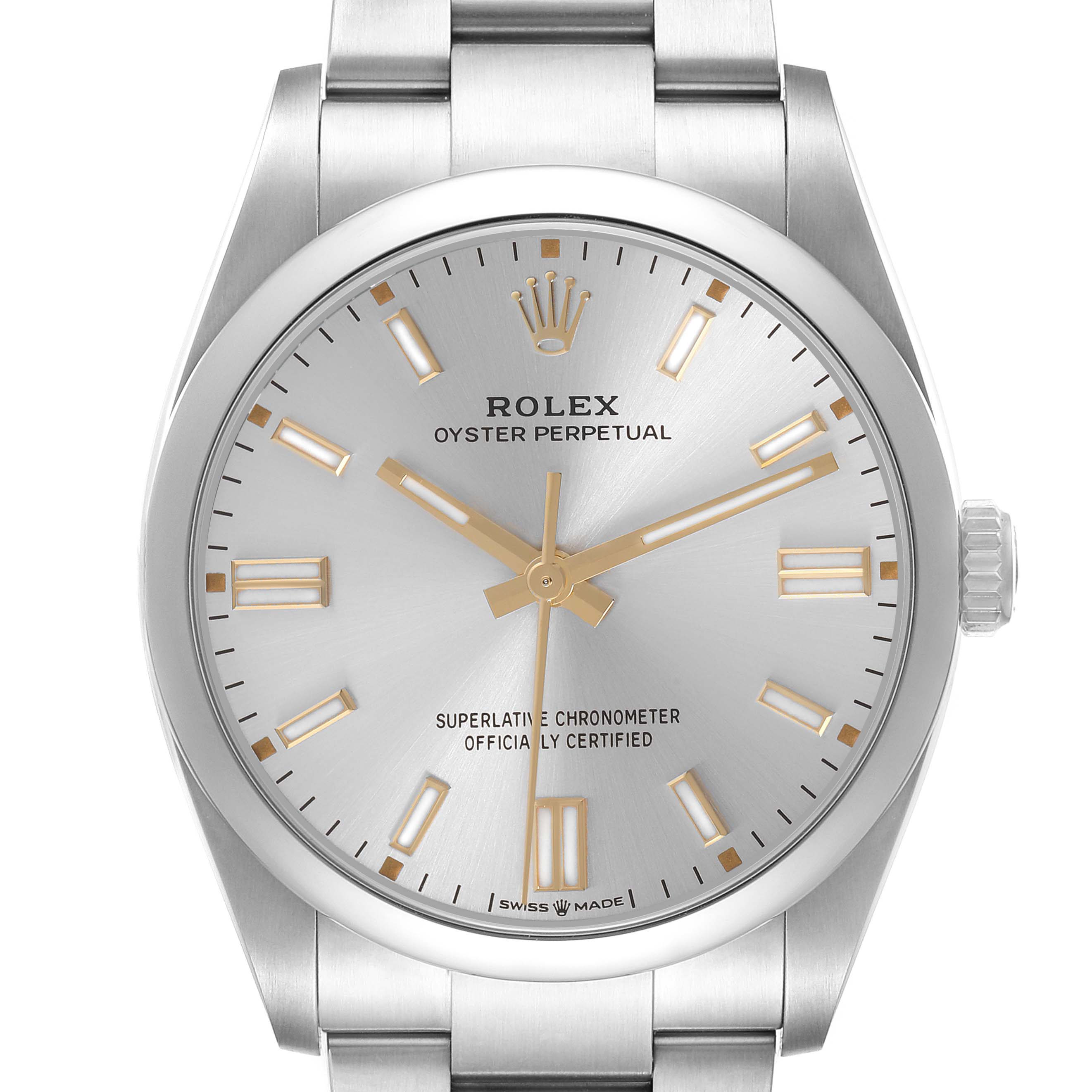 The image shows a frontal view of a Rolex Oyster Perpetual, model number 126000, highlighting the watch face, dial, crown, and part of the bracelet.