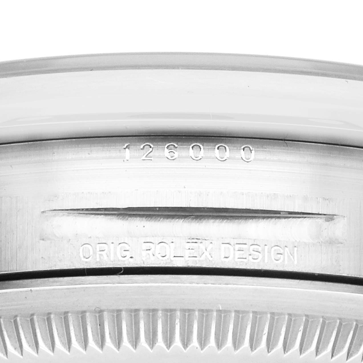 The image shows a close-up of the side of a Rolex Oyster Perpetual men's watch, model number 126000, highlighting the engraved model number and design details.