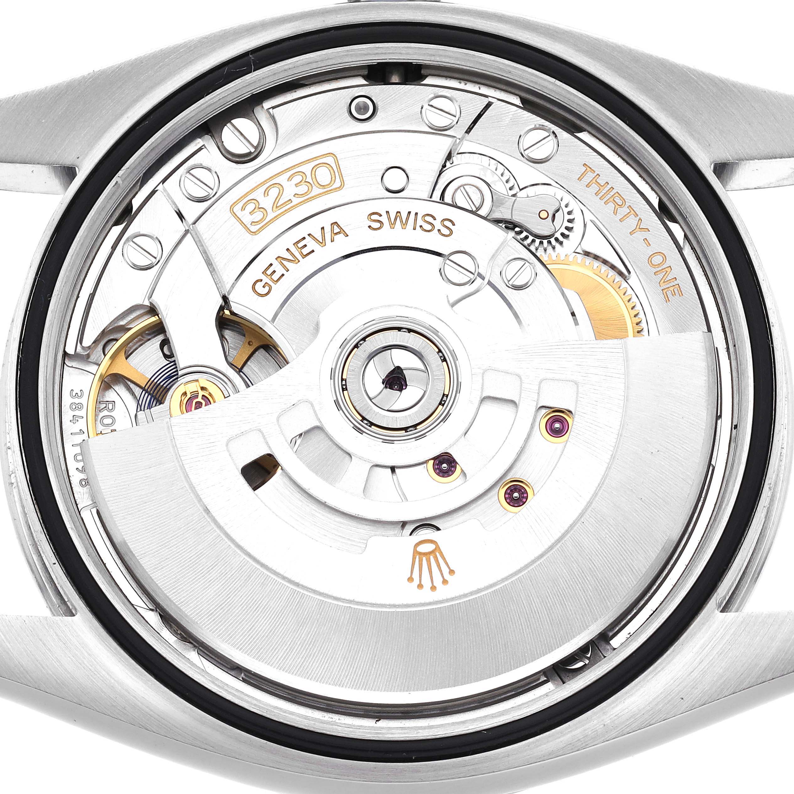 The image shows the movement of a Rolex Oyster Perpetual model 126000, highlighting the inner mechanics from a back view.