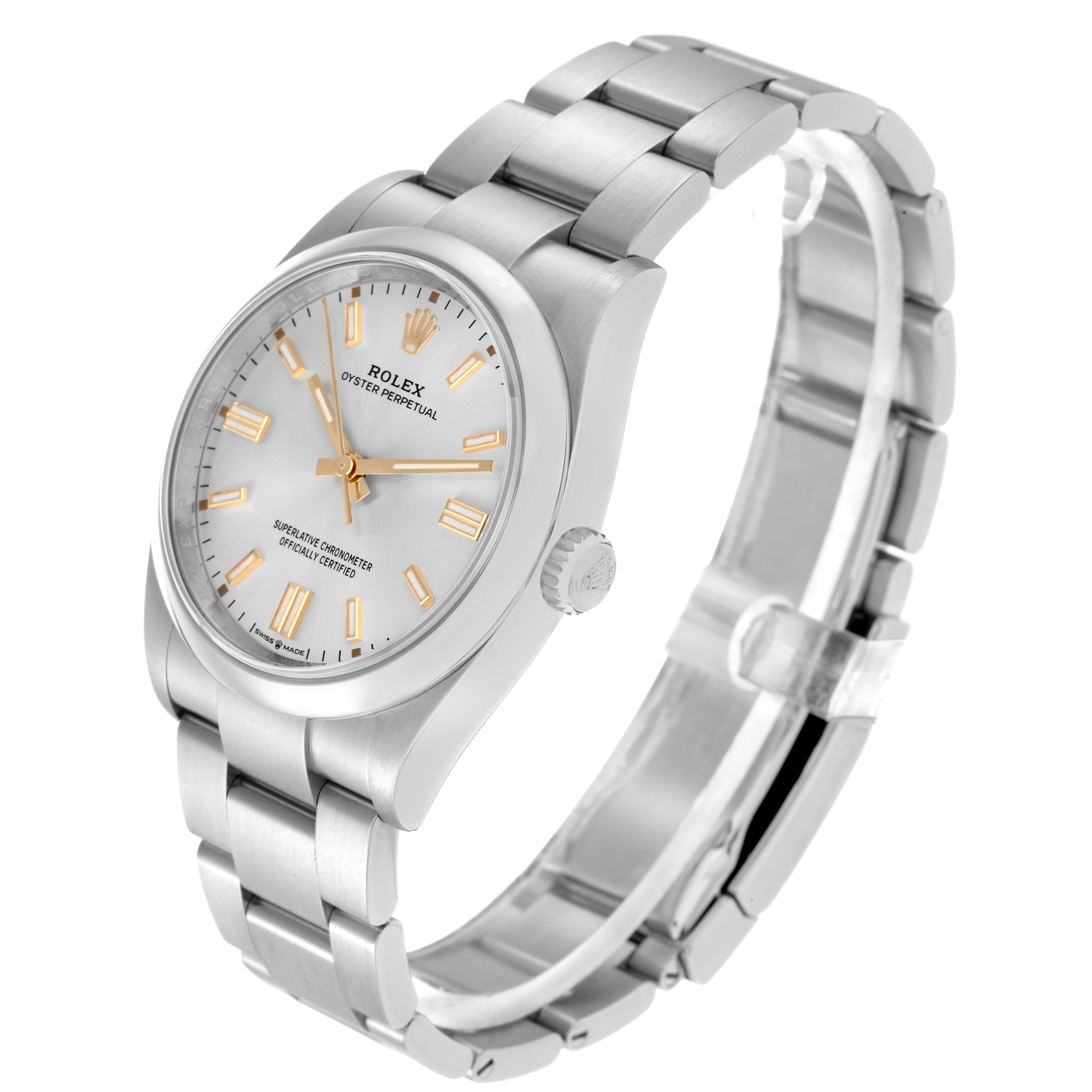 The Rolex Oyster Perpetual model 126000 is shown from a three-quarter angle, displaying the watch face, bracelet, and crown.