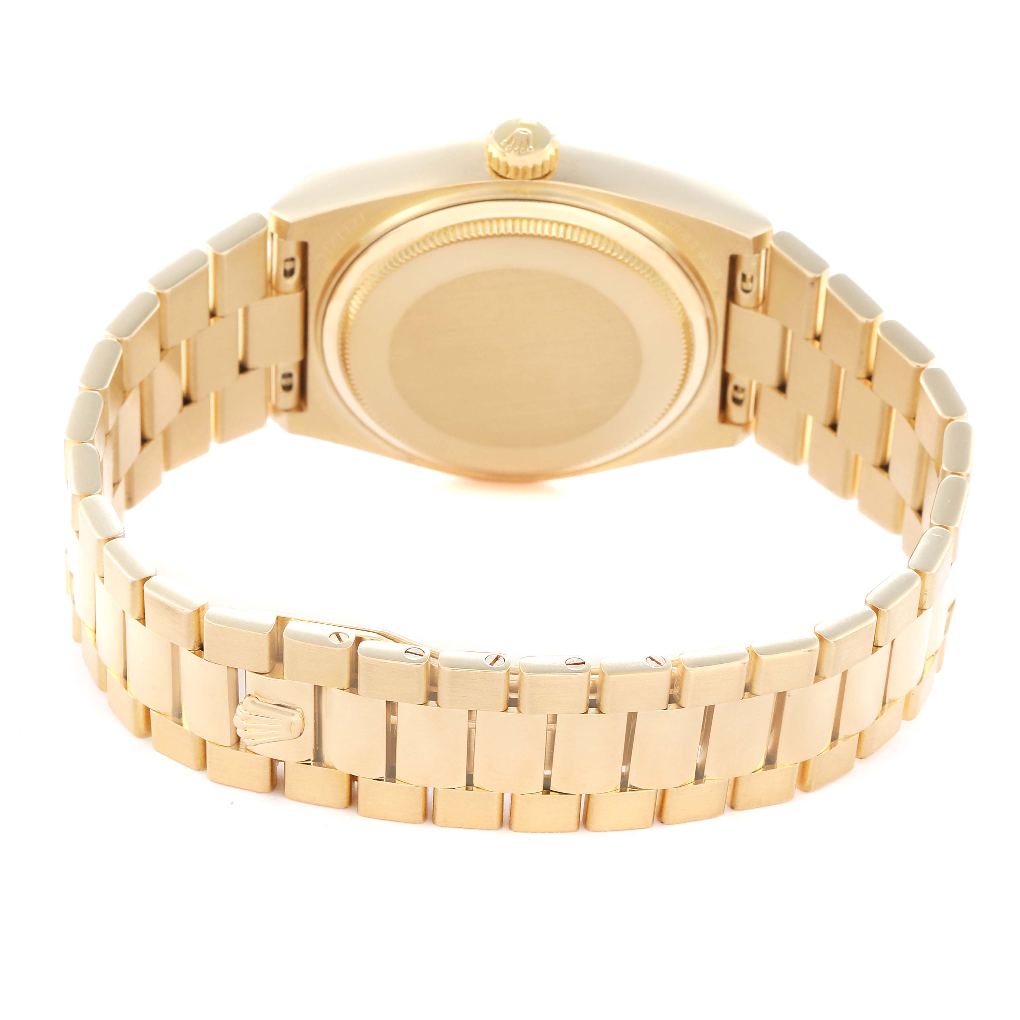 The image shows the back and bracelet of the Rolex Oysterquartz model 19018N, highlighting the clasp and watch case from a slightly elevated angle.