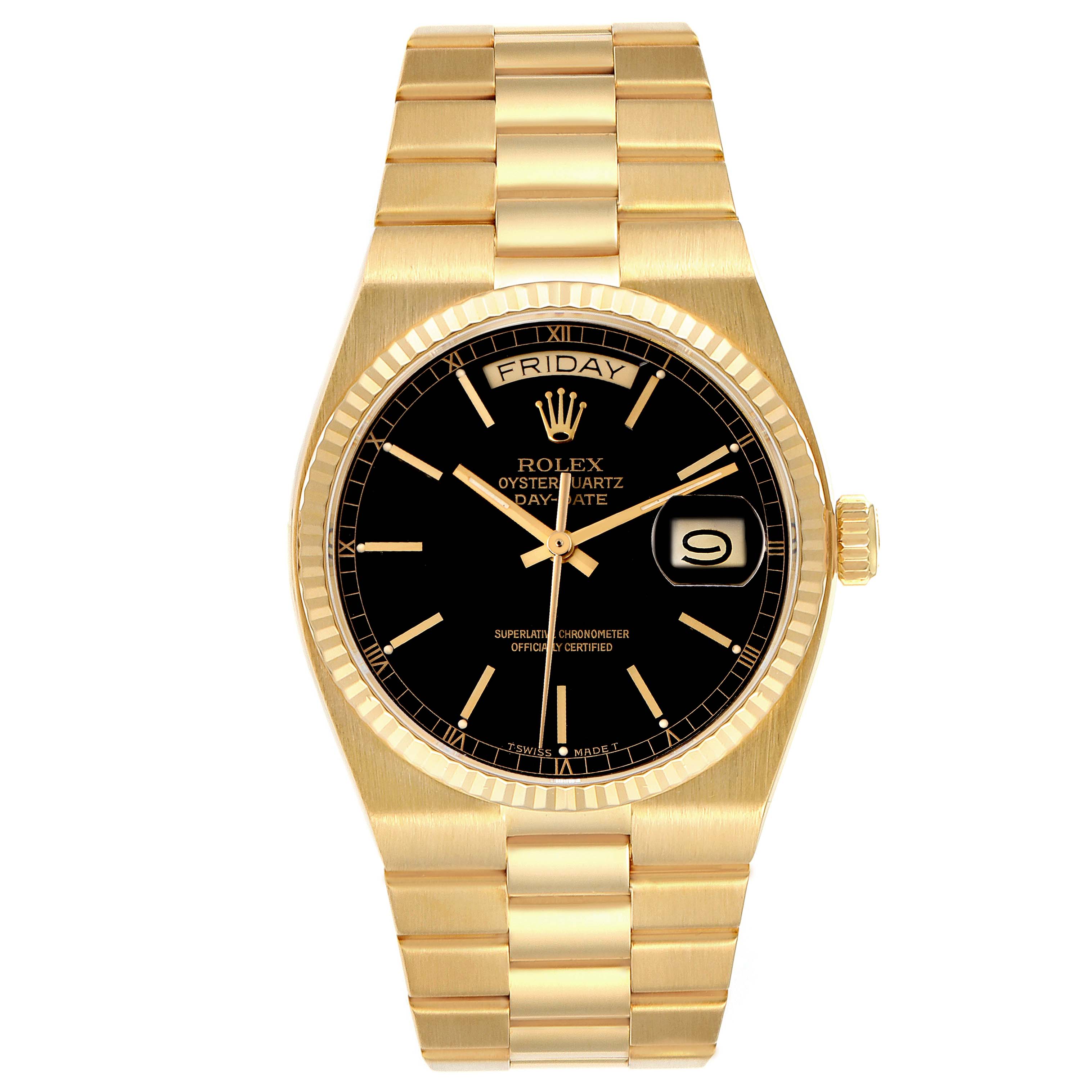 The Rolex Oysterquartz model 19018N is shown from a front angle, displaying the full face, bezel, and bracelet.