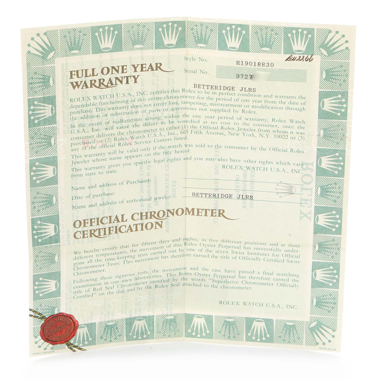 The image shows a full one-year warranty and official chronometer certification document for a Rolex Oysterquartz model 19018N.