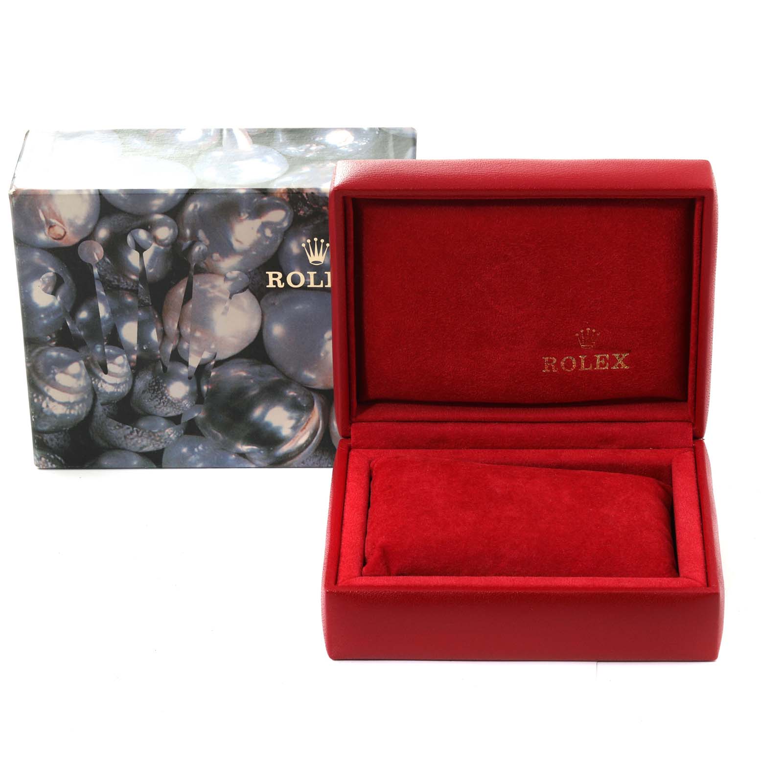 This image shows the packaging box and an open red display case for a Rolex President 69139 Women's White Gold Silver Dial 69139 Women's White Gold Silver Dial model watch.